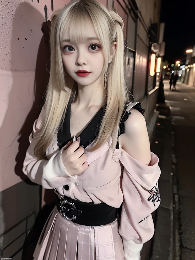 RAW Photos, 8k, (highest quality), Realistic, (live-action, Intricate details), (Natural skin texture, Detailed skin, Hyperrealism, Sharpness), (Japanese teenage girl standing in a dirty back alley at night, graffitied wall:1.3), ((Jirai Fashion, skirt, blouse)), (Large Breasts), (Pale skin:1.2), Slender body, ((Blonde, Long Hair, Blunt bangs)), (Fascinating face, Provocative look, Lips parted:1.3, eye shadow, eyeliner, Tear bags:1.2, Red lips, Dark circles under the eyes), A shy smile, graffiti:1.5, at night, Spot lighting:1.3, Upper Body Shot