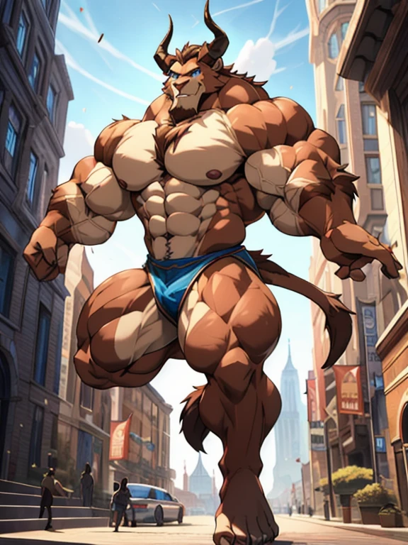 A photorealistic image of the Beast from the movie Beauty and the Beast, super muscular giant, with muscular arms, broad shoulders, giant and toned physique, bursting muscular veins, blue eyes, tail, super furry brown fur, backward facing horns, with veins jumping, barefoot, super giant in the center of a city