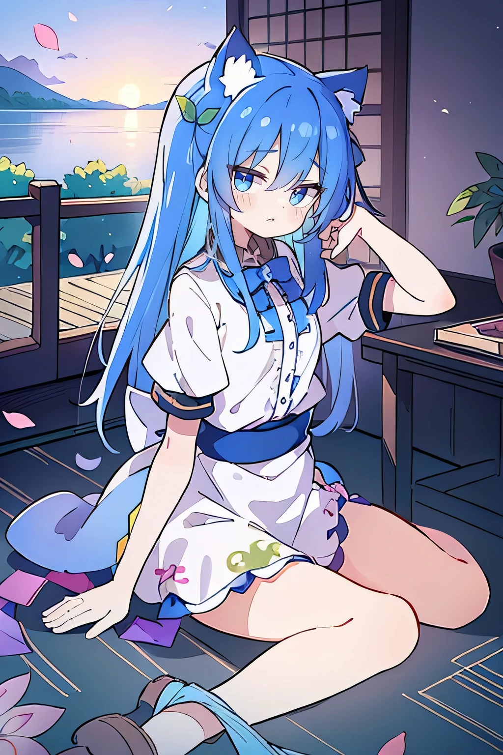 (masterpiece:1.2),Super detailed,Practical,expressive eyes,Fair skin,Perfect face shaping,1 Girl,
Japanese cartoons,Gorgeous blue hair, the long flowing blue hair,Floating clothes,Cat ears,Petals falling,beautiful lola,Young Angel,
Hands on waist,sit elegantly on the ground,Cross your legs,Gentle and peaceful background,Cool and cozy pavilion,Sunset,