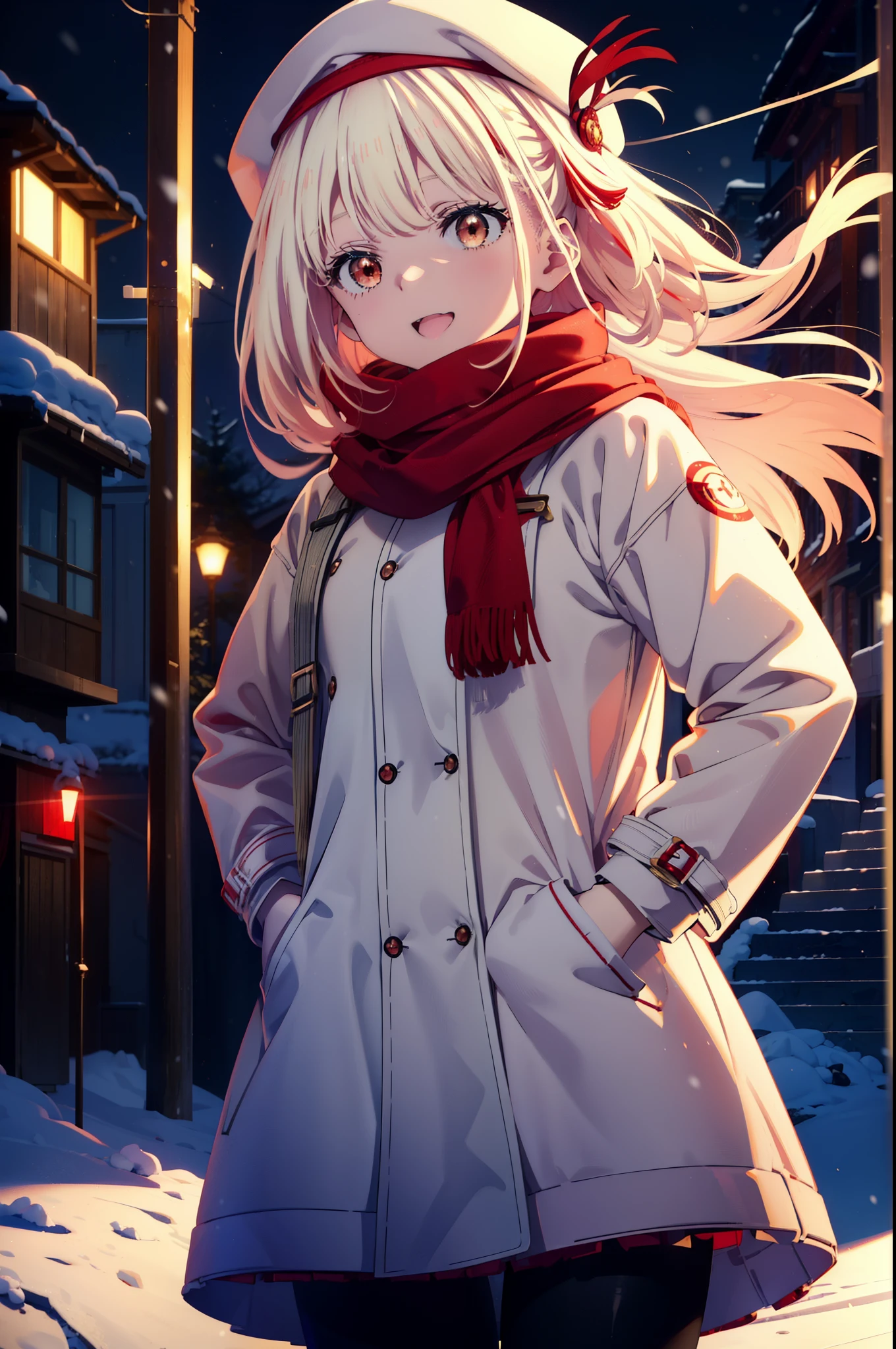 chisatonishikigi, nishikigi chisato,Long Hair , bangs, blonde, (Red eyes:1.5),happy smile, smile, Open your mouth,White knit hat,White Coat,Red Scarf,White Sweater,Hands in coat pockets,Long skirt,Black pantyhose,short boots,Shirogane World,Snow is piling up,that&#39;it&#39;s snowing,that&#39;it&#39;s snowing,winter,Cold Sky,moonlight,full moon,night,
break looking at viewer, whole body, Upper Body,(Cowboy Shot:1. 5)
break outdoors, cthaty,Building Street,
break (masterpiece:1.2), highest qualthaty, High resolution, unthaty 8k wallpaper, (shape:0.8), (Beautiful and beautiful eyes:1.6), Highly detailed face, Perfect lighting, Extremely detailed CG, (Perfect hands, Perfect Anatomy),