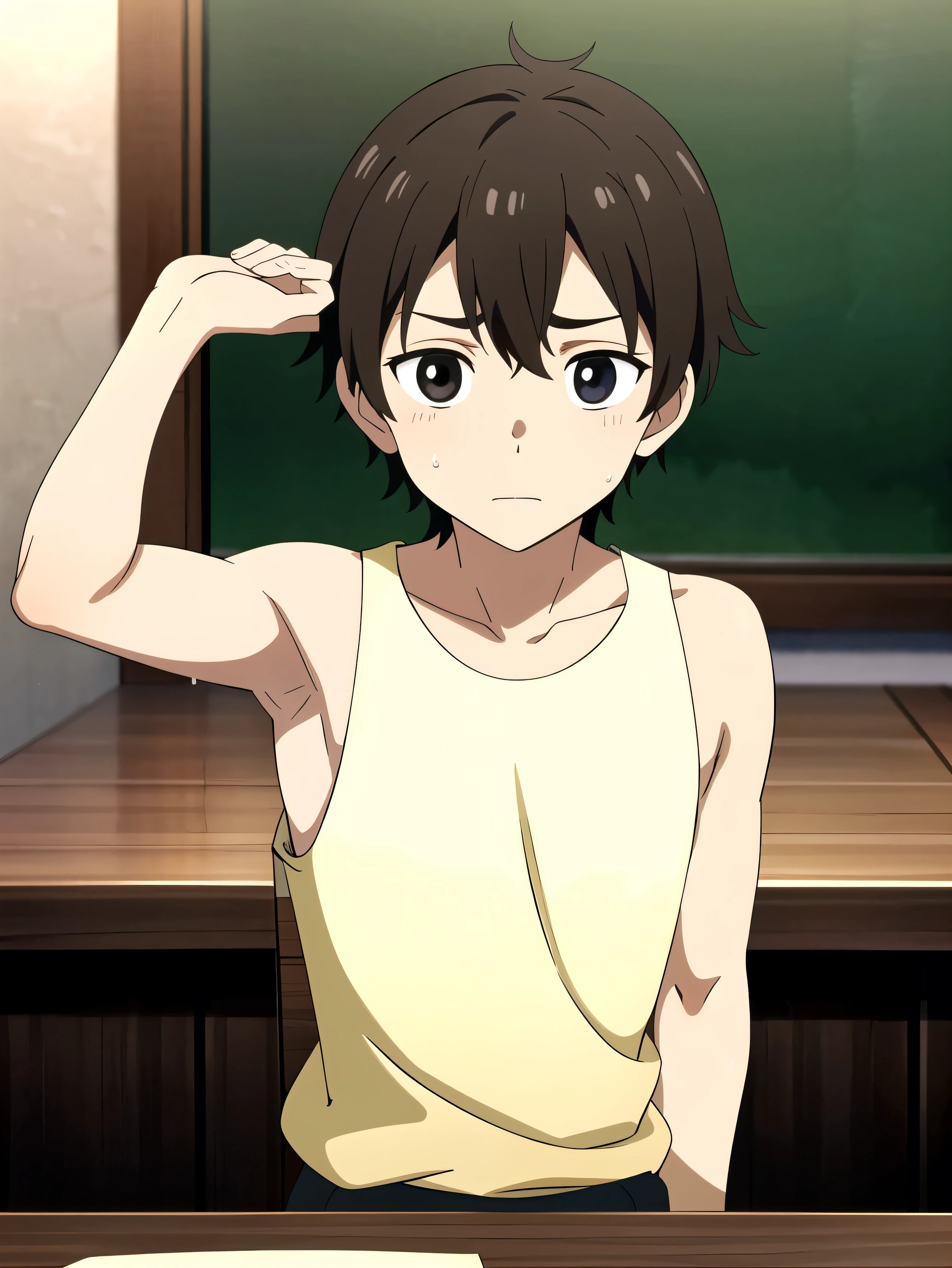 Highres, Masterpiece, Best quality at best,Best Quality,hight quality, hight detailed, 1boy, Brown hair, messy hair, side bangs, Shota, Sweat, Shirtless, upper body, Depth of field, Anime Screencap Style, thin line, Seen from front, Sitting on the chair, boy, (Showing armpit:1.3), (very small and short stature), (very young boy), 12-yr-ooys, rry beckground