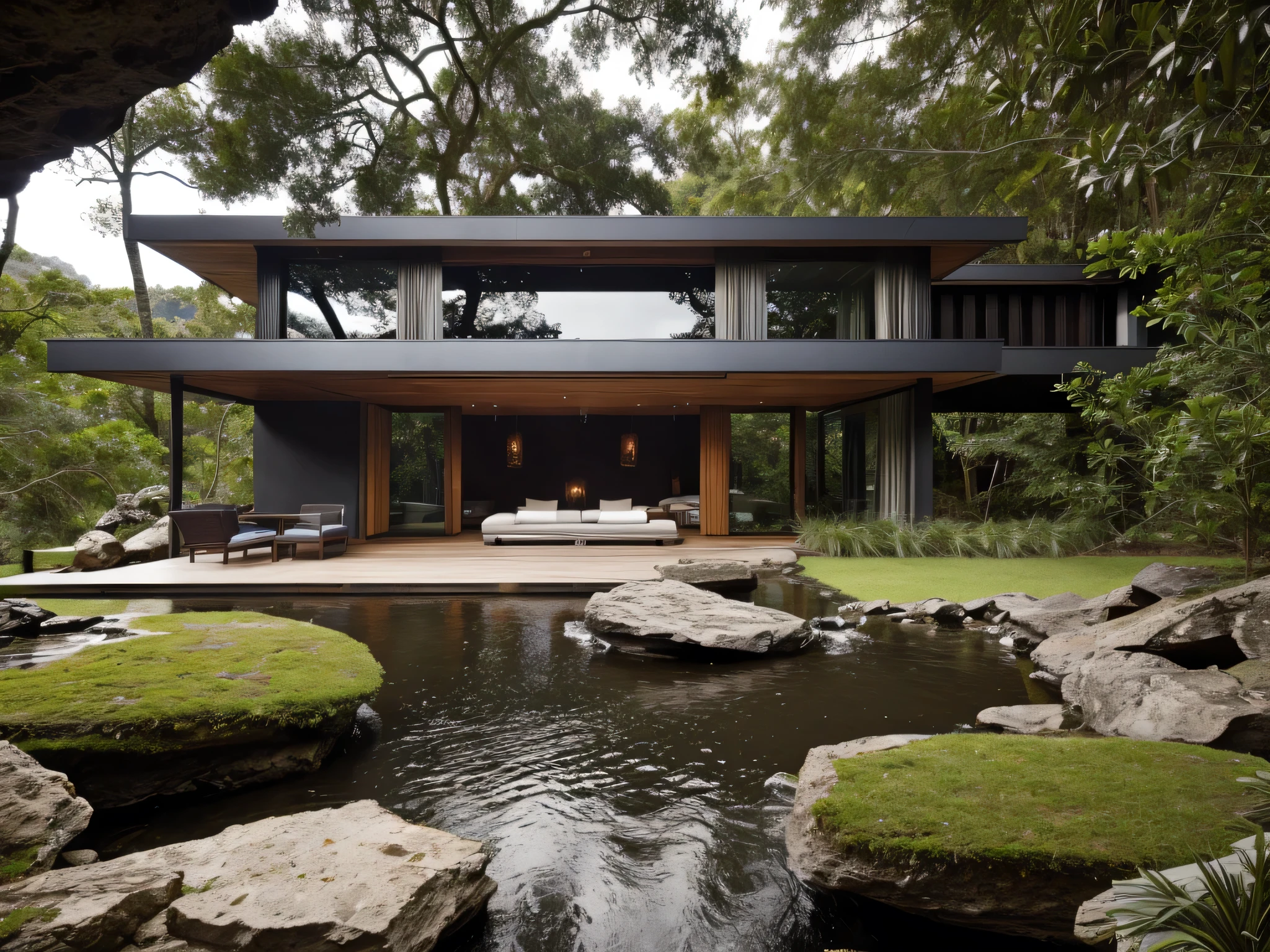 The bedroom is located in a cave overlooking the stream, surrounding trees, cool weather, modern style bedroom, large glass doors, tropical landscape,