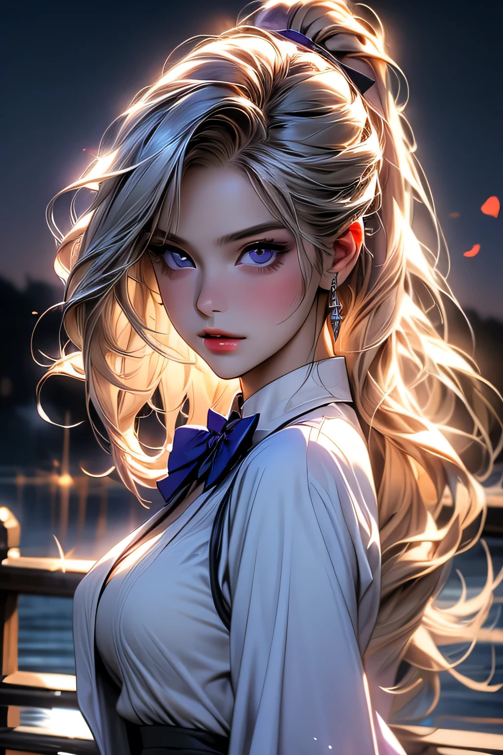 最high quality, masterpiece,, figure, wallpaper,One girl, alone, , White shirt, Black Skirt, Light Hair, Semi-long hair, Beautiful detailed girl, Highly detailed eyes and face, Beautiful fine details, shy, nature_Lighting, Shine,clean null, View your viewers, Outdoor, night null, star (null), loafers, Black Pantyhose, Blue bow tie, Straight hair, Purple petals, Purple and blue flowers, Dark Eyes, ponytail, Blue Ribbon,Blonde Hair、thick_Thighs, Large Breasts, black eye, Upper body portrait、masterpiece, 最high quality, high quality, High resolution, ((Face close-up))