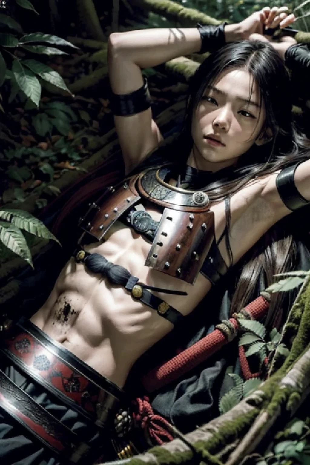 (photo Realistic:1.4), (hyper Realistic:1.4), (Realistic:1.3), best quality,dead,Fell on his back,samurai,girl,(breastplate),Fallen,13 years old,slender,in the forest,from above,Detailed skin texture,whole body,,No sleeve,Moonlight