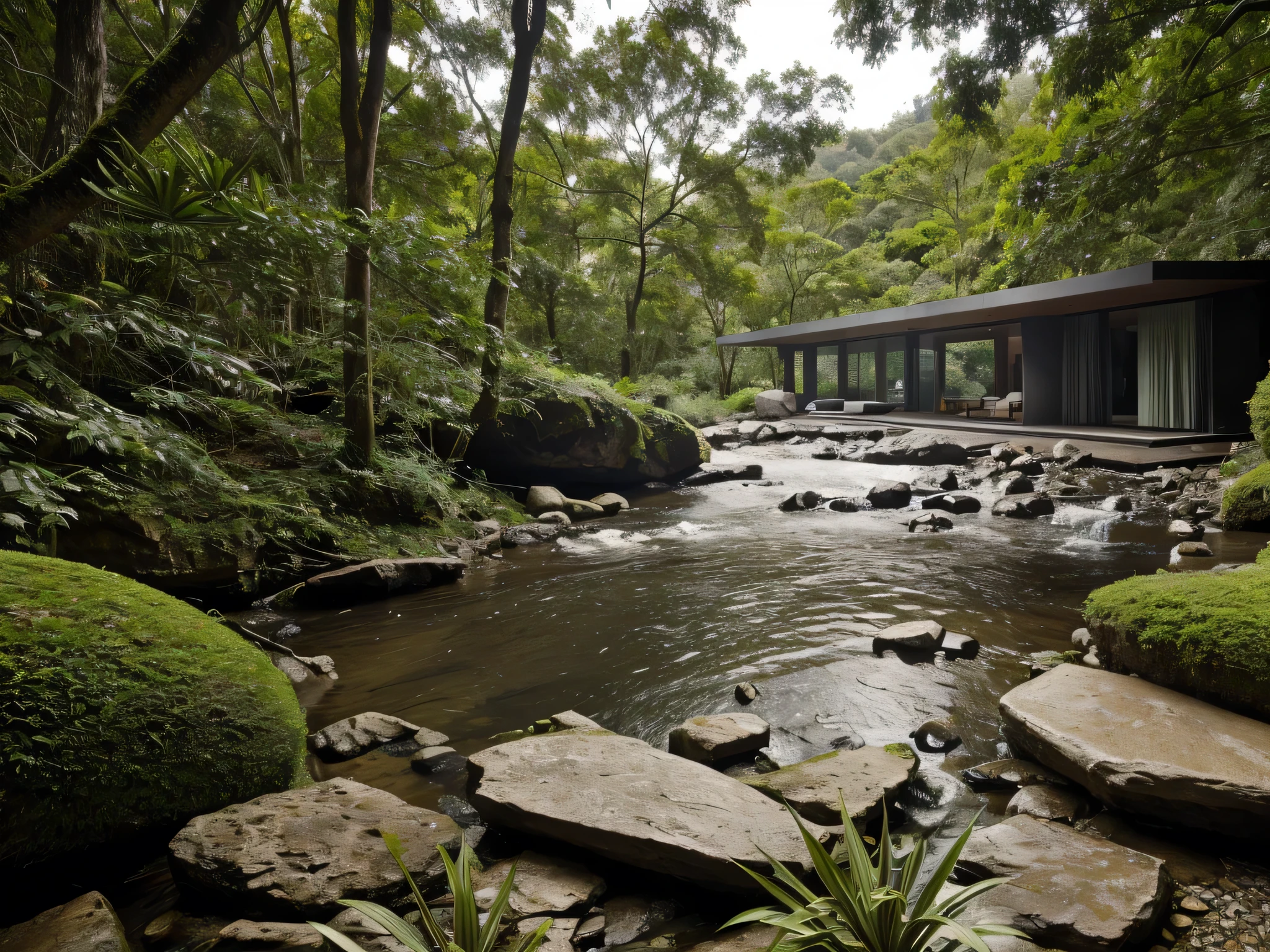 The bedroom is located in a cave overlooking the stream bank,view from the stream bank into the cave,climbing plants, surrounding trees, cool weather, modern style bedroom, large glass doors, tropical landscape,