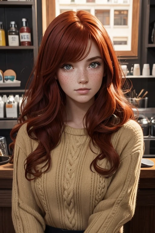 25-year-old red-haired girl with freckles with a slim and athletic complexion, de acendencia nordica, cabello largo con ondas, sueter beige y accesorios en negro, ojos cafe y mirada tranquila, personaje digital de ilustracion de video juegos