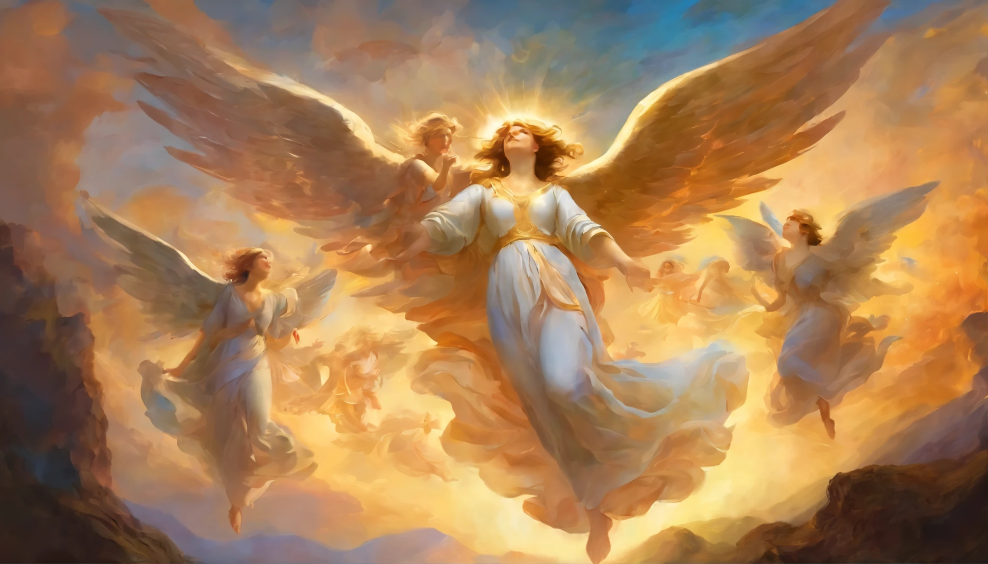Angels descending from the sky, (Correct Face 1.5), A breathtaking masterpiece, Bright colors, Caravaggio, 8k
