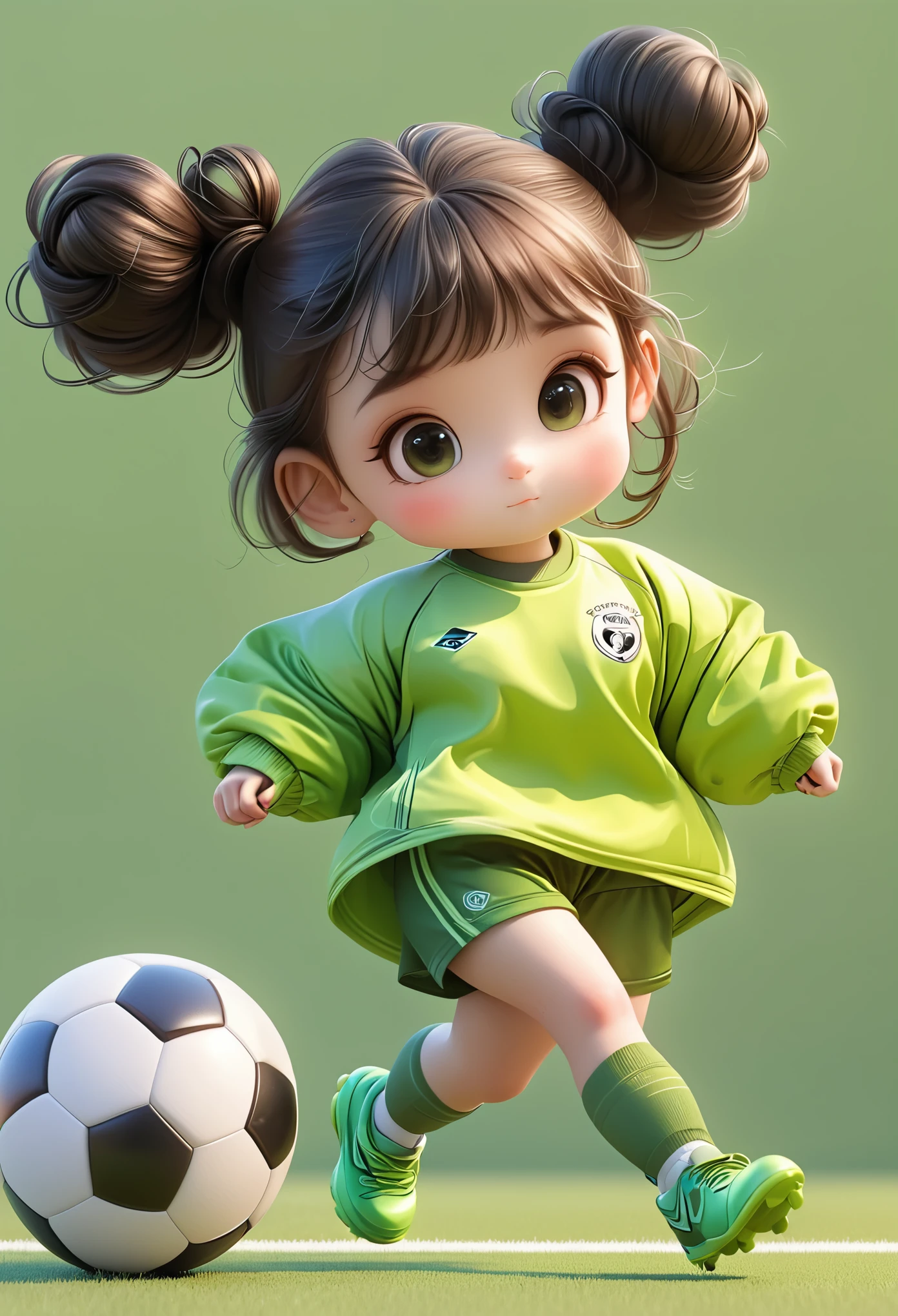 3D,1 Girl,2 buns,play soccer,Sportswear Set,Cartoon Style