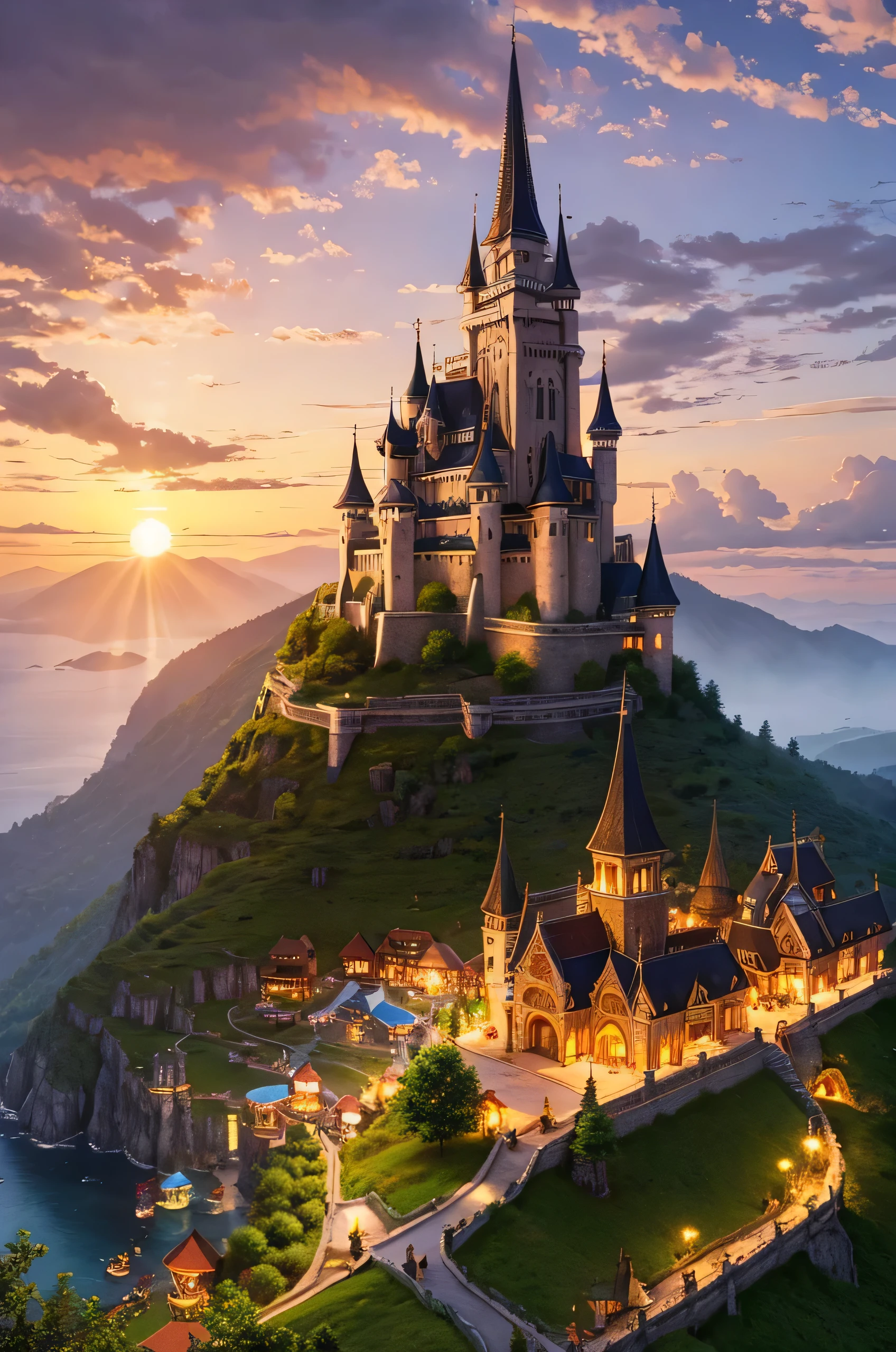 Highest quality,Fantasy,village,Sunset