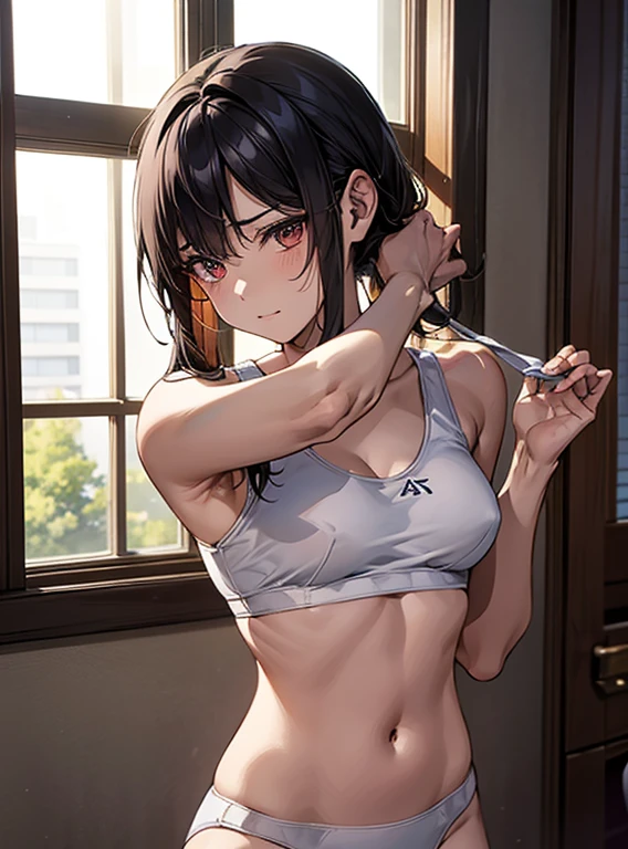 (Hands folded behind your back)、Beautiful breasts、Black Hair、Armpits are visible、Attractive breasts、Beautiful and attractive anime woman, Enchanting anime girl, Top rated on pixiv、Healthy Body、OK、Yakuza、I can see your underwear、Shaving、Slippery、Iris、beautiful girl、、Provocative、Underwear is biting into、The setting sun is shining through the window、Stay in the house、Quiet、Inconspicuous、bedroom、The private parts are visible、One leg is raised wide up、Sports bra、Small breasts、