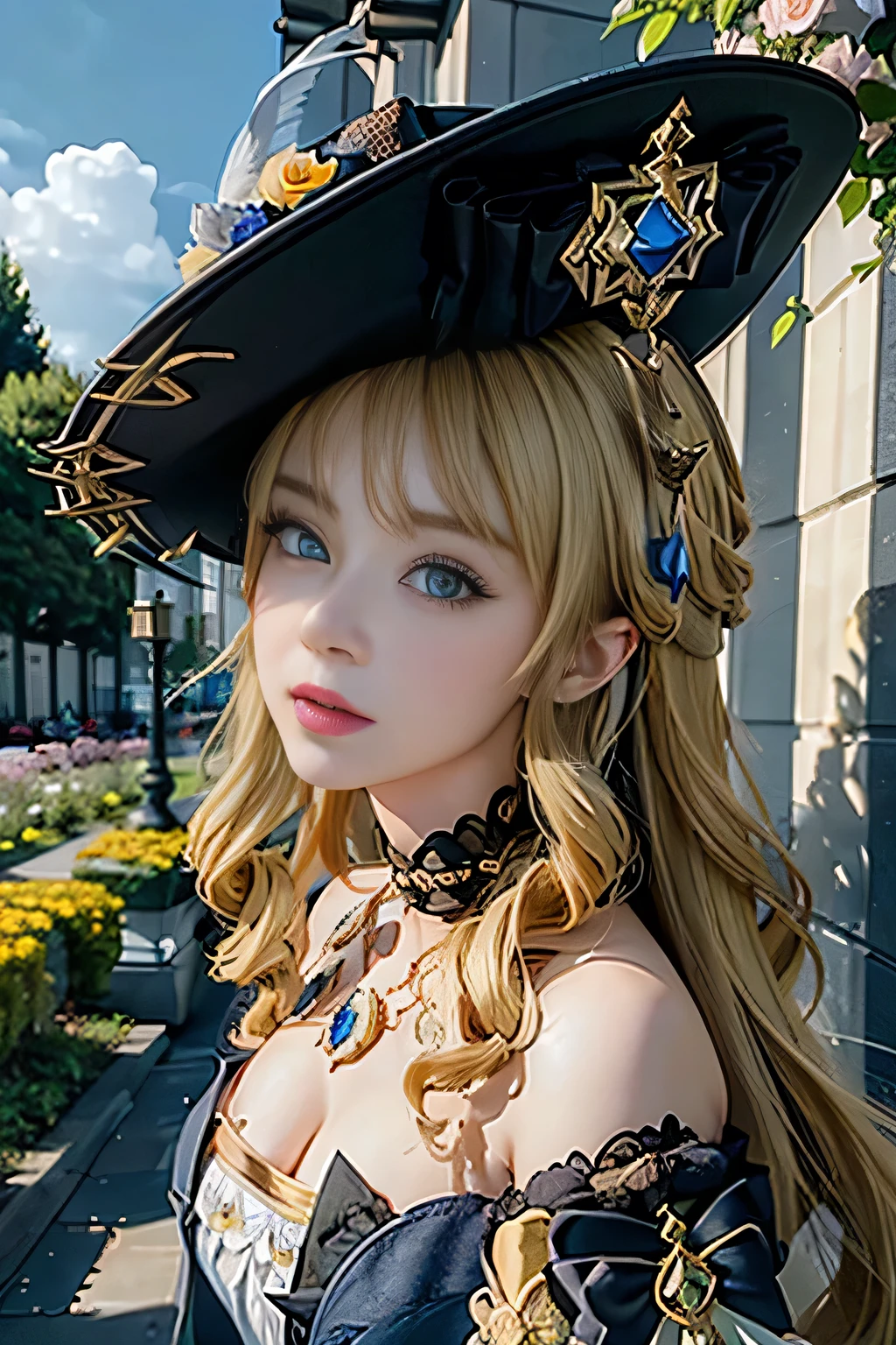 ((highest quality)), ((masterpiece)), (be familiar with), Genshin,navia,perfect face,1girl,look down,rubens hat,blonde,blue eyes,choker daytime,flower garden、Golden Rose,Low - Angle,view audience、big breasts