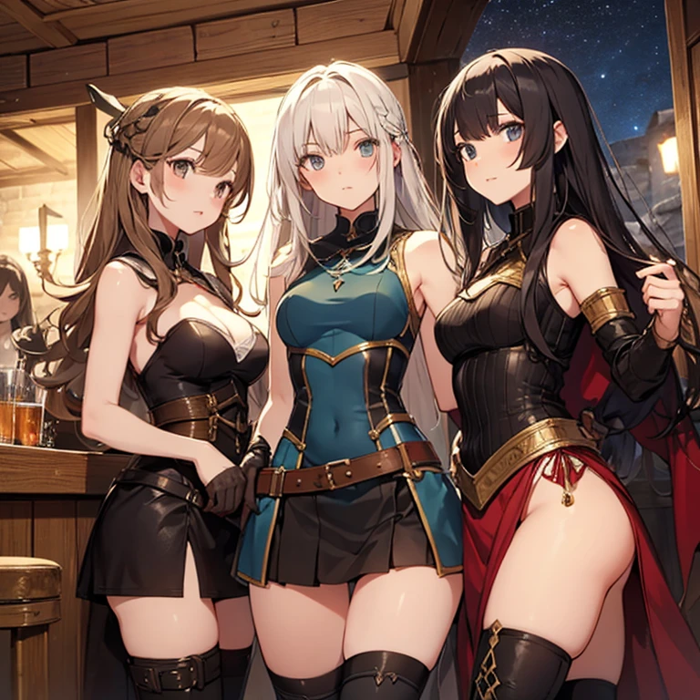 A group of  female medieval fantasy adventurers, (in tavern), various hair styles, harem, night, details face, short skirt, seducing, sleeveless, armor