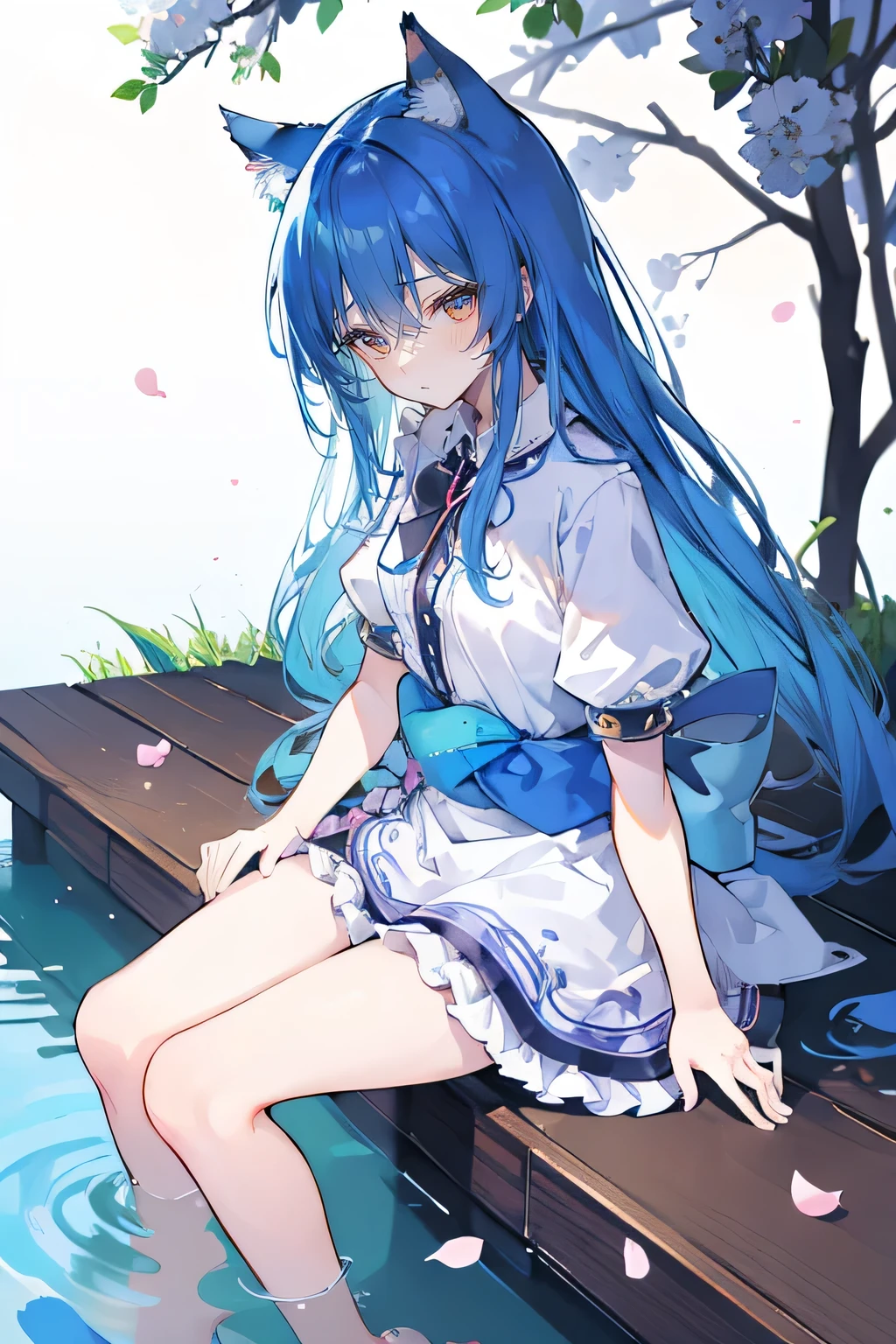 (masterpiece:1.2),ultra-detailed,realistic,expressive eyes,fair-skinned,perfectly shaped face,1girl,
Japanese cartoons,Gorgeous blue hair, flowing blue hair,floating clothes,cat ears,petals falling,beautiful Lola,Hina Angel,
hands on waist,gracefully sitting on the ground,legs crossed,gentle and serene background,cool and comfortable pavilion,smile.