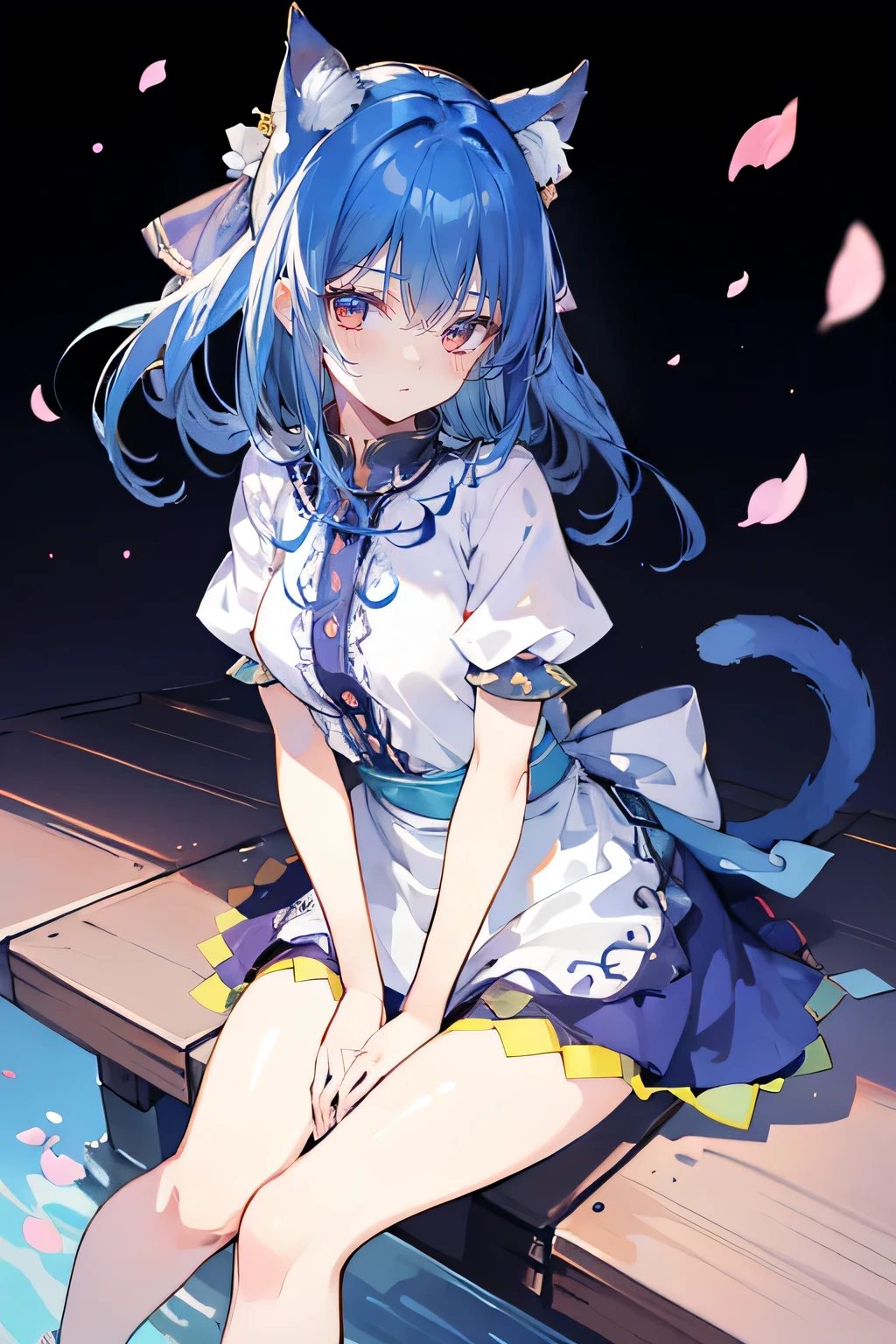 (masterpiece:1.2),ultra-detailed,realistic,expressive eyes,fair-skinned,perfectly shaped face,1girl,
Japanese cartoons,Gorgeous blue hair, flowing blue hair,floating clothes,cat ears,petals falling,beautiful Lola,Hina Angel,
hands on waist,gracefully sitting on the ground,legs crossed,gentle and serene background,cool and comfortable pavilion,smile.