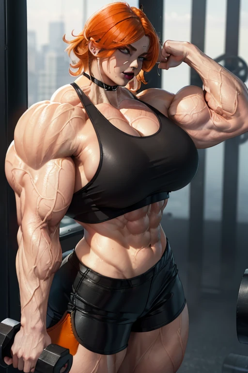 masterpiece, best quality, realism, (real picture, intricate details, DOF), ((1 girl, solo)), ((make-up, plump lips)), ((tanned skin)), high detail, (( perfect face)), ((pet collar on neck)), ((((massive female bodybuilder:1.4)))), ((((huge breasts:1.3)))), (NSFW), ((perfect anatomy)), ((slim waist, wide hips)), tall, ((shiny coral lips, red hair, red eyes)), ponytail, ((black micro bikini, black transparent bra)), (sweat) , ((wet)), ((sexy, shy)),