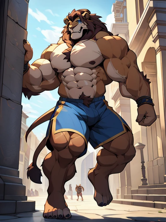 Lora:, altura toda. 4K, high resolution, melhor qualidade, A photorealistic image of the Beast from the movie Beauty and the Beast, super muscular giant, with muscular arms, broad shoulders, giant and toned physique, bursting muscular veins, blue eyes, tail, super furry brown fur, backward facing horns, with veins jumping, barefoot, super giant in the center of a city, masculine, ( peitorais fortes, defined muscles, ombros musculosos), anatomia correta, (por Wfa:1.0), (por Takemoto Arashi:1.0), (por Taran Fiddler:0.5), sensual, (cel sombreado, sombreamento de desenho animado:1.2), arte linear preta, contorno preto, flat coloring, (sombras fortes, sombras escuras:1.2), (shorts rosa, topless, luvas de boxe), sensual shadows, lion tail, postura esbelta, abrir mouth, showing the tongue, abrir:1 olhos, olhos detalhados, Exausta, suor molhado:1.2, (machucado:1.6, Shiner:1.2), mentindo