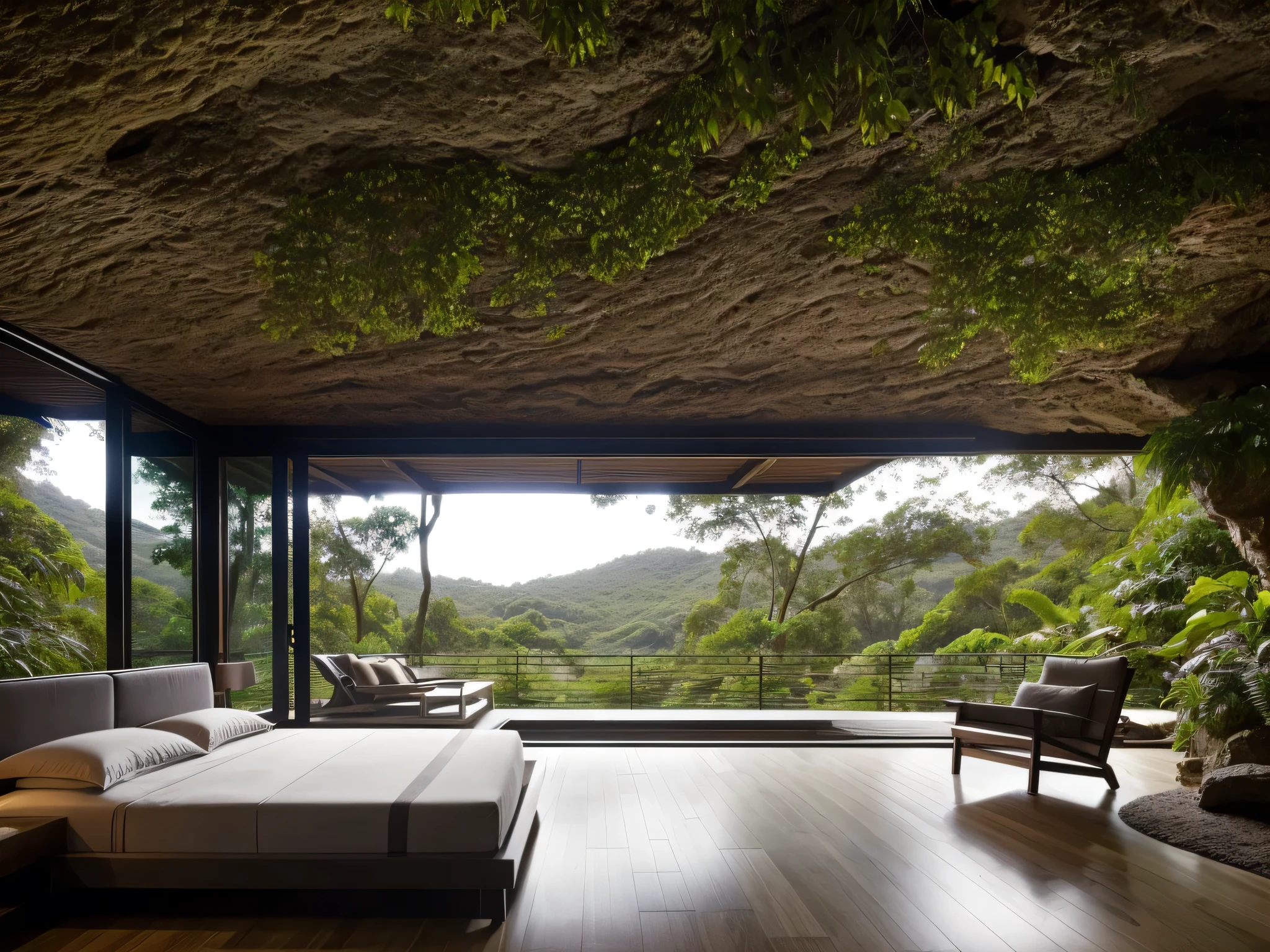 The bedroom is located in a cave overlooking the stream bank,view from the stream bank into the cave,climbing plants, surrounding trees, cool weather, modern style bedroom, large glass doors, tropical landscape,
