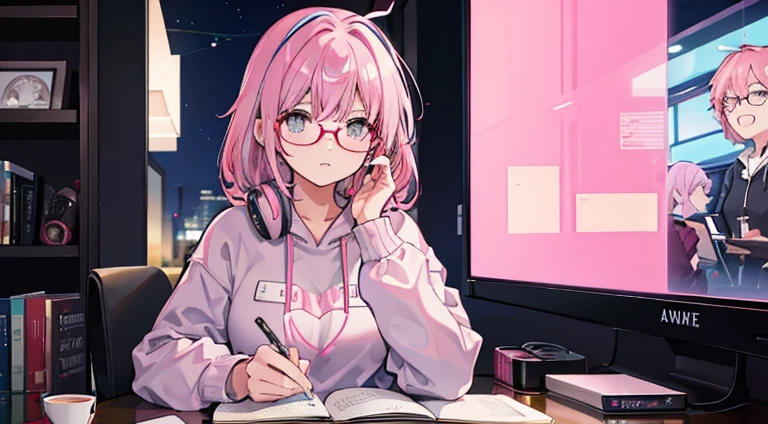 A woman with pink middle-aged hair and glasses studying with white headphones　Night time wearing a grey sweatshirt