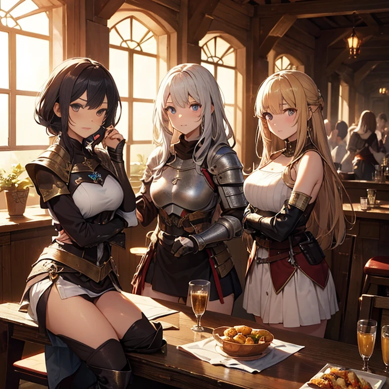 A group of  female medieval fantasy adventurers, (in tavern), various hair styles, harem, night, details face, short skirt, seducing, sleeveless, armor