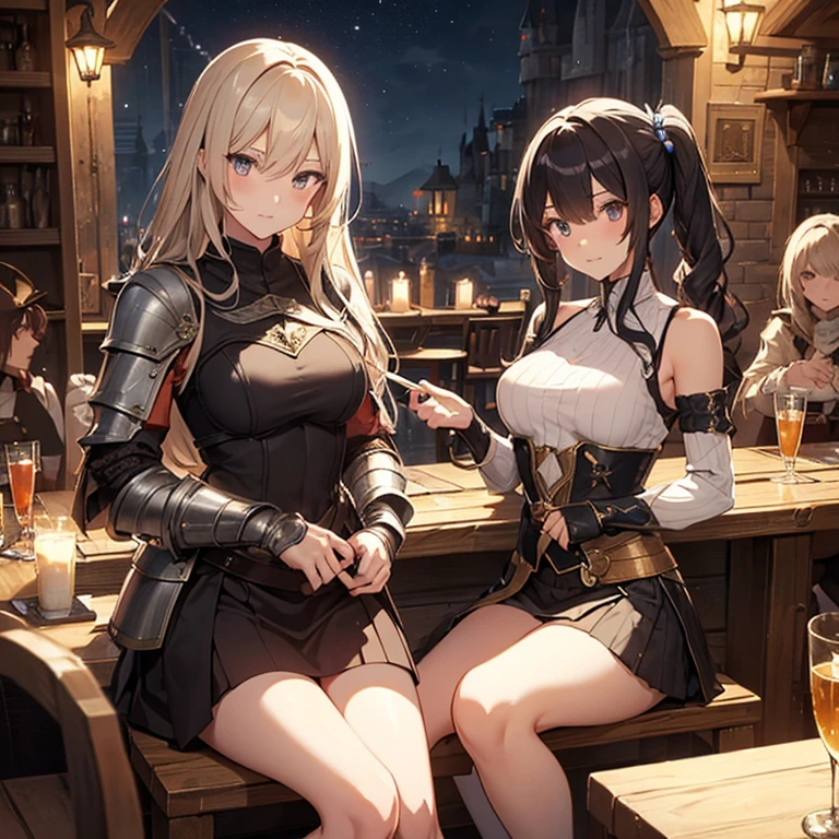 A group of  female medieval fantasy adventurers, (in tavern), various hair styles, harem, night, details face, short skirt, seducing, sleeveless, armor