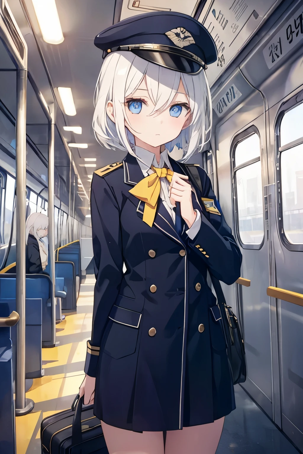 White hair，Blue Eyes，****************，Dark train，Flight attendants，Yellow Springs Train，Outside the station，Old，calm，hat