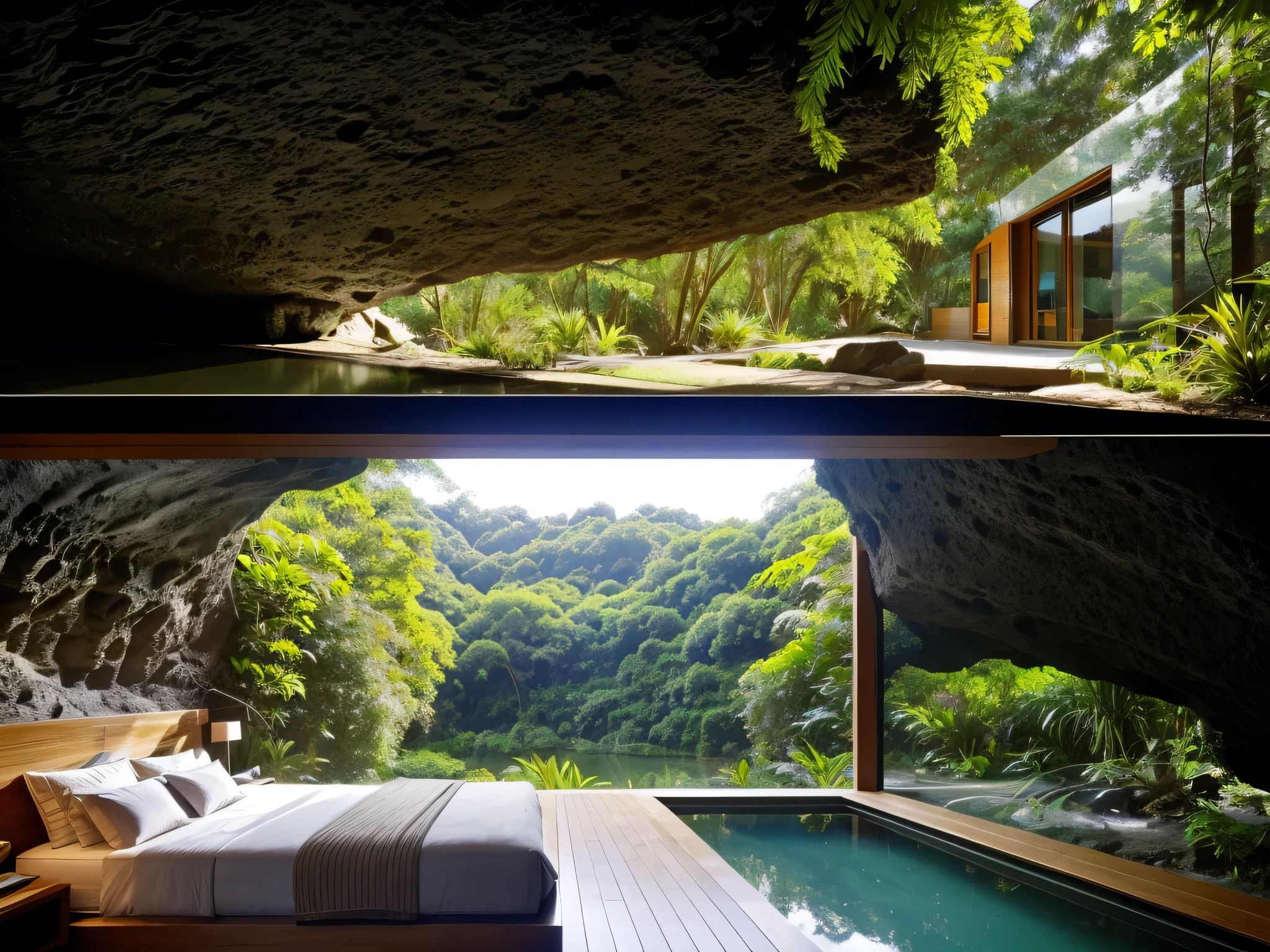 The bedroom is located in a cave overlooking the stream bank,view from the stream bank into the cave,climbing plants, surrounding trees, cool weather, modern style bedroom, large glass doors, tropical landscape,