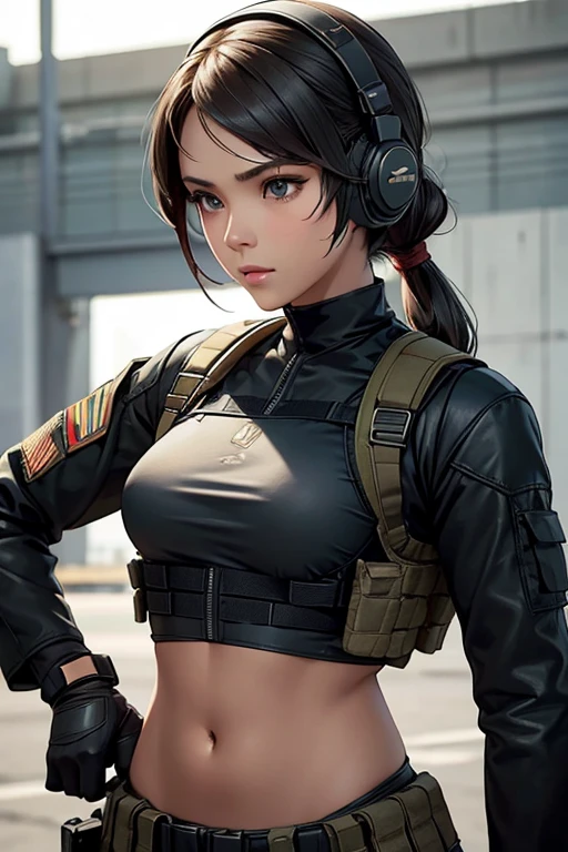 a woman in a black outfit holding a rifle and wearing headphones, 24-year-old woman, Filipino woman, tan bronze skin, soldier girl, mechanized soldier girl, military girl, beautiful female soldier, female lead character, infantry girl, of a sniper girl in war, solo female character, future combat gear, close up half body shot, Women in crop top military bulletproof vest, showing navel, quiet from metal gear solid v, wearing tactical gear, dressed in tactical armor