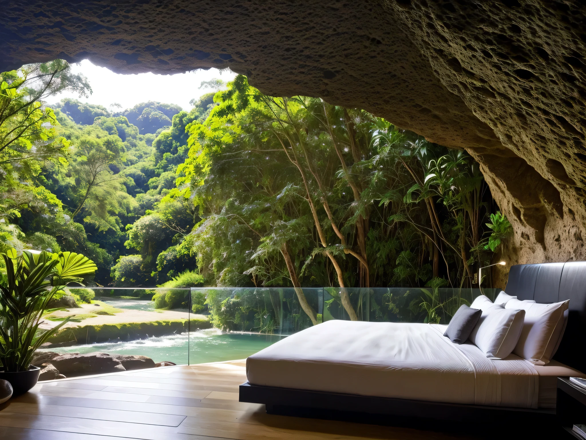 The bedroom is located in a cave overlooking the stream bank,view from the stream bank into the cave,climbing plants, surrounding trees, cool weather, modern style bedroom, large glass doors, tropical landscape,