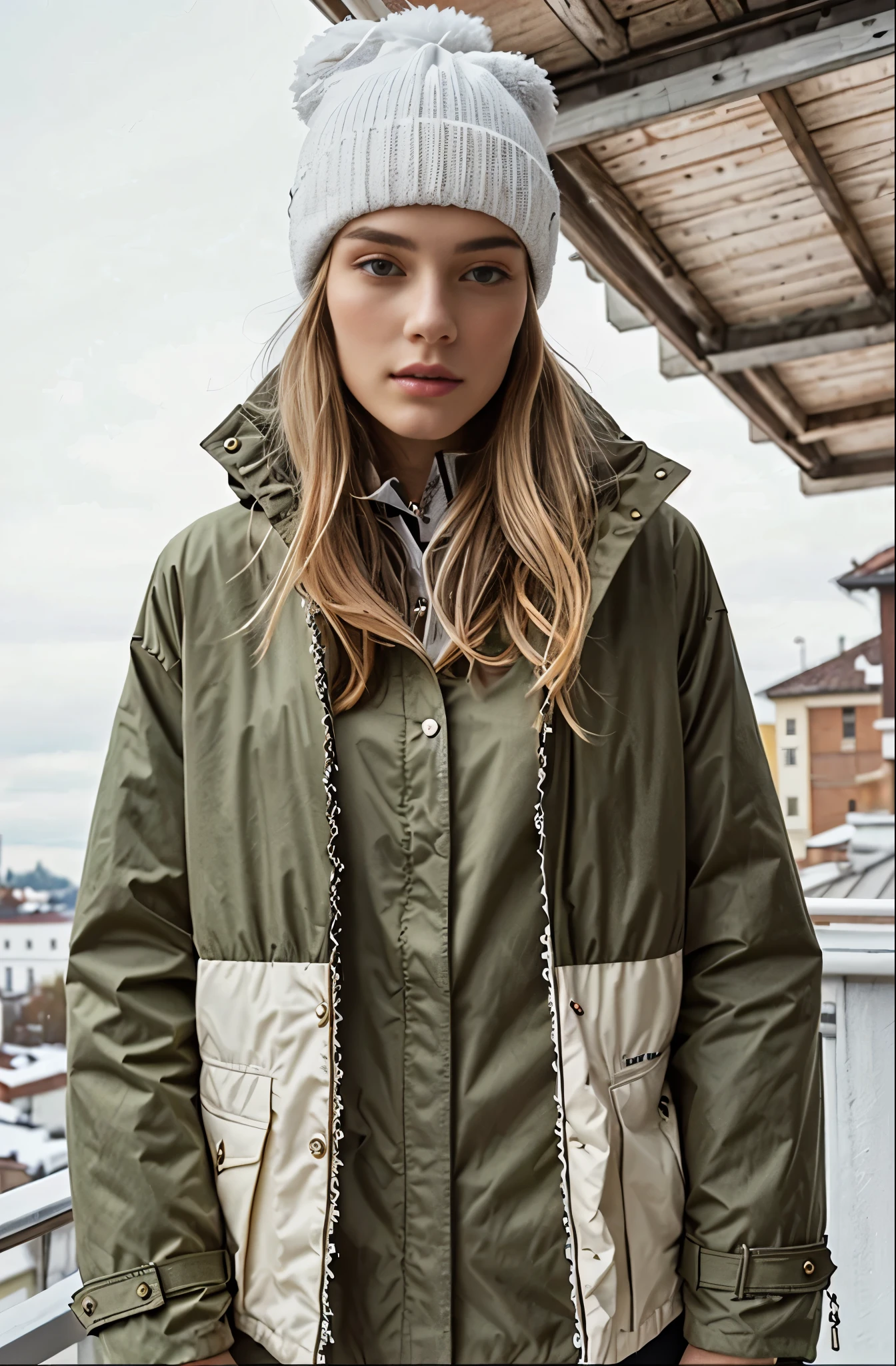 arafed woman in a green jaqueta and white hat standing on a balcony, frio como gelo! 🧊, model wears a puffer jaqueta, she is wearing Moda urbana, inspired by Louisa Matthíasdóttir, por Christen Dalsgaard, EsteSetStyle, trend in r/Moda urbana, jaqueta, por Emma Andijewska