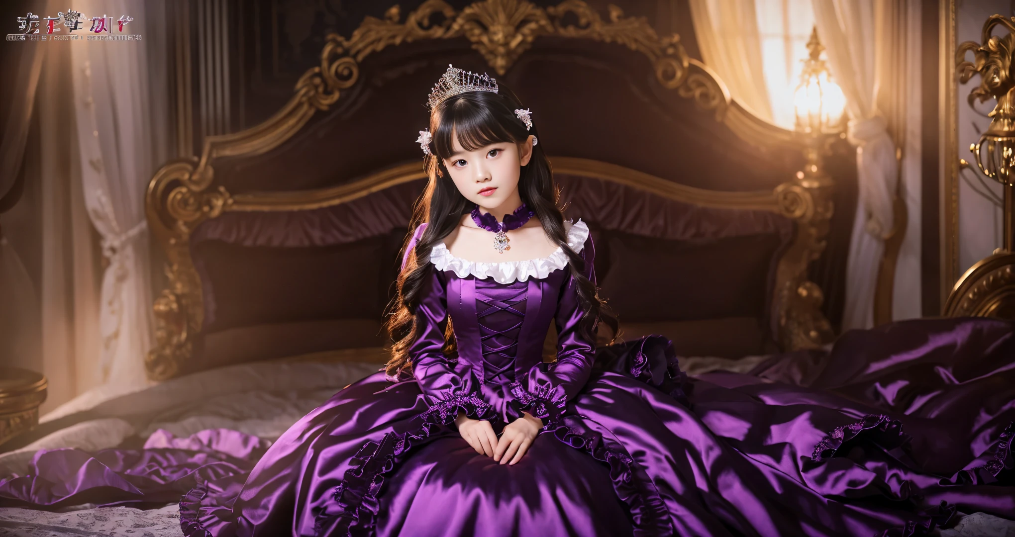 ,highest quality, masterpiece, Highest Resolution, artwork, super それにGet used to it, many Get used to it, Get used to it, それにGet used to it, 3K ultra-high resolution realistic photos,,(( When I was 10 years old)),Super detailed baby face,She is a princess,Full-length ball gown dress with hoop skirt,Frilled yoke collar,Puff sleeves,Long sleeve,((Lolita style black and purple princess satin dress、Lots of frills and ribbons。)),Rococo Fashion,shiny satin dress,Soft and smooth fabric,luxury,Long black hair,Red eyes,White skin European,Vampire，pajamas,((In the dark palace)),,,(( When I was 10 years old)),Super detailed baby face,Full-length ball gown dress with hoop skirt,Long skirt,Frilled yoke collar,Puff sleeves,pajamas,((In the bedroom of the Demon King&#39;s castle)),黒と紫のシルクサテンのluxuryなCanopy bedの上,Canopy bed,Luxurious curtains under a canopy,There were a lot of frilly pillows on the bed.,Highly detailed background,Detailed bed,Silk satin bed sheets,Soft silk satin quilt,Soft silk satin ruffle pillow in pastel colors,The little princess is sitting on the bed,((((A large ball gown dress that completely covers the legs)))),((((Her legs are hidden by the dress,Don&#39;Don&#39;put your legs out to the side)))),Beautiful girl illustration,Beautiful detailed face Detailed hair,Detailed human eye ,Mouth details, Arm details,Beautiful Hands,Detailed pillow,Behind the girl were piles of frilly pillows.,