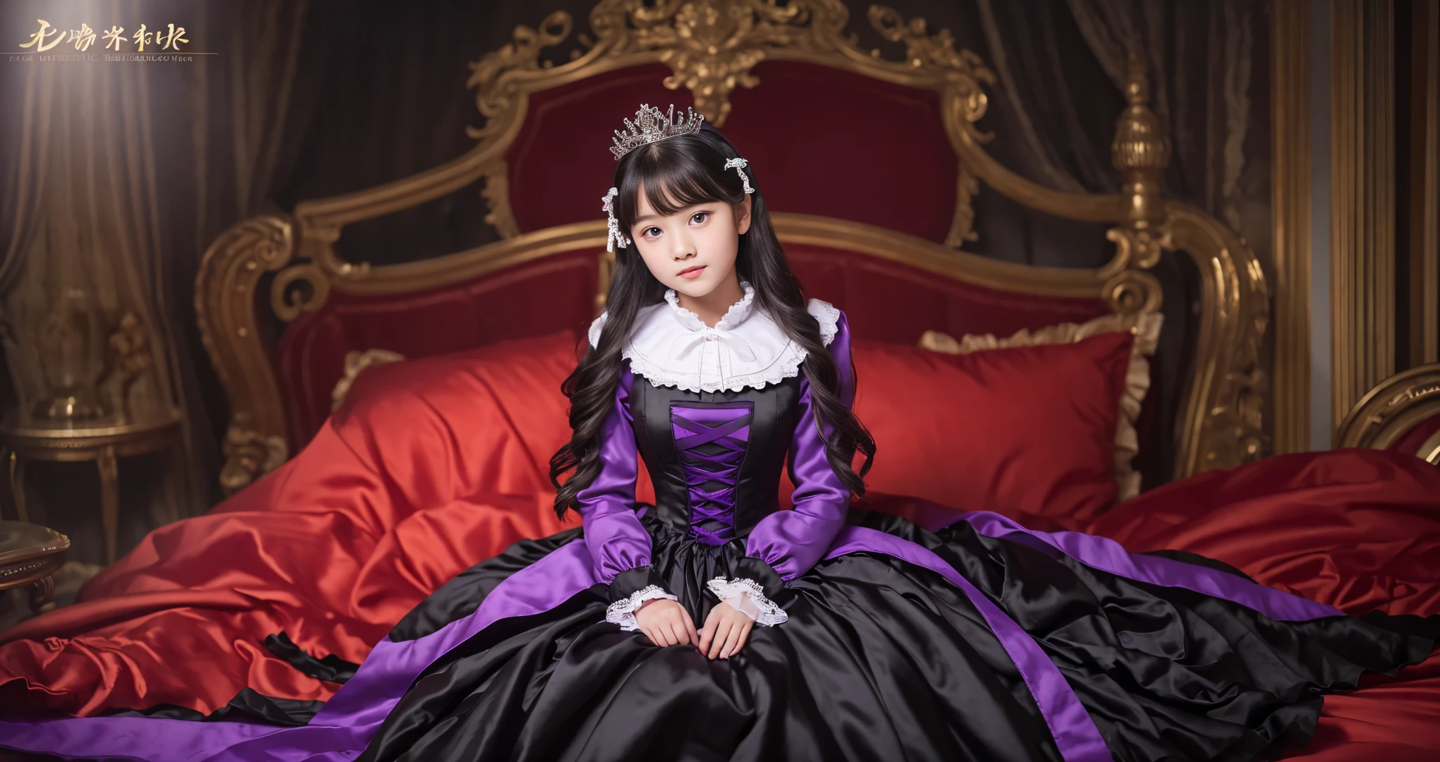 ,highest quality, masterpiece, Highest Resolution, artwork, super それにGet used to it, many Get used to it, Get used to it, それにGet used to it, 3K ultra-high resolution realistic photos,,(( When I )),Super detailed baby face,She isss,Full-length ball gown dress with hoop skirt,Frilled yoke collar,Puff sleeves,Long sleeve,((Lolita style black and purple princess satin dress、Lots of frills and ribbons。)),Rococo Fashion,shiny satin dress,Soft and smooth fabric,luxury,Long black hair,Red eyes,White skin European,Vampire，pajamas,((In the dark palace)),,,(( When I was 10 years old)),Super ce,Full-length ball gown dress witirt,Long skirt,Frilled yoke collar,Puff sleeves,pajamas,((In the bedroom of the Demon King&#39;s castle)),黒と紫のシルクサテンのluxuryなCanopy bedの上,Canopy bed,Luxurious curtains under a canopy,There were a lot of frilly pillows on the bed.,Highly detailed background,Detailed bed,Silk satin bed sheets,Soft silk satin quilt,Soft silk satin ruffle pillow in pastel colors,The little princess is sitting on the bed,((((A large own dress that completely covers the legs)))),((((Her legs are hidden by the dress,Don&#39;Don&#39;put your legs out to the side)))),Beautiful girl illustration,Beautiful detailed face Detailed hair,Detailed human eye ,Mouth details, Arm details,Beautiful Hands,Detailed pillow,Behind the girl were piles of frilly pillows.,