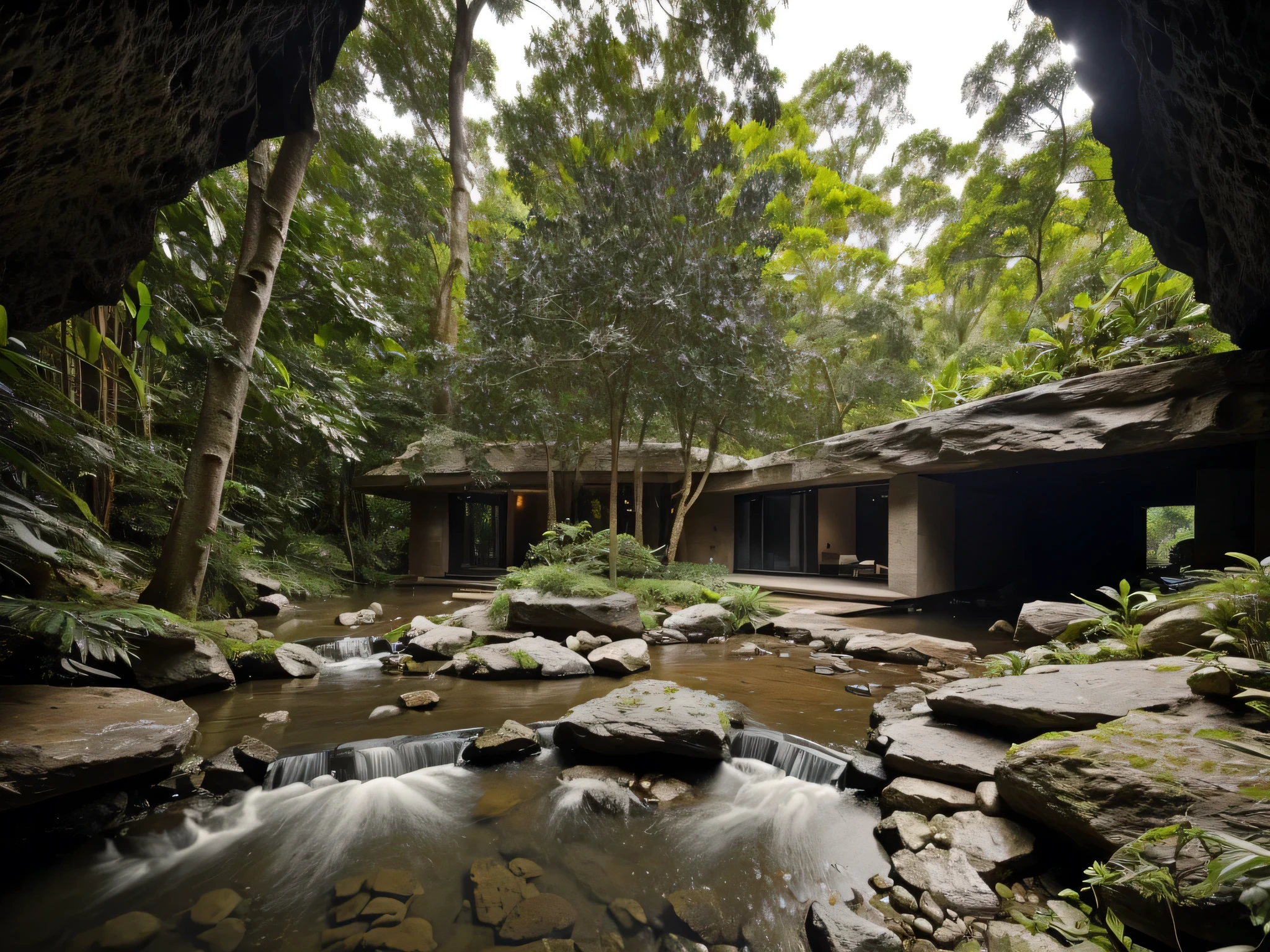 The bedroom is located in a cave overlooking the stream bank,(view from the stream bank into the cave:1.2),climbing plants, surrounding trees, cool weather, modern style bedroom, large glass doors, (tropical landscape),