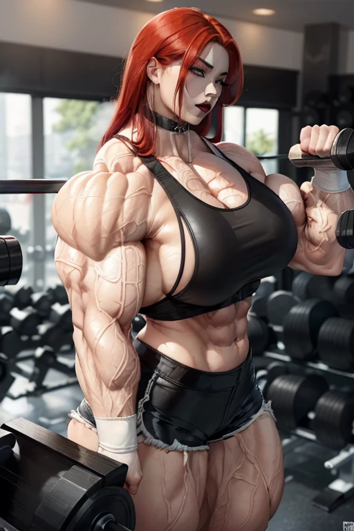 (((((Massive, tall, beautiful, sweating, buff, pale white skinned, muscular asian woman with red hair, black lipstick, ginormous bulky muscles, double biceps flexing and wearing a black leather sports bra and black dolphin shorts))))), (upper body view), (massive muscles), massive biceps, hyper muscle shoulders, vascular shoulders, hyper muscle triceps, (long hair), yellow eyes, choker, (in a weight room), confident smirk, morning, hyper vascular arm, hyper muscles arms, hyper muscle legs, massive arms.