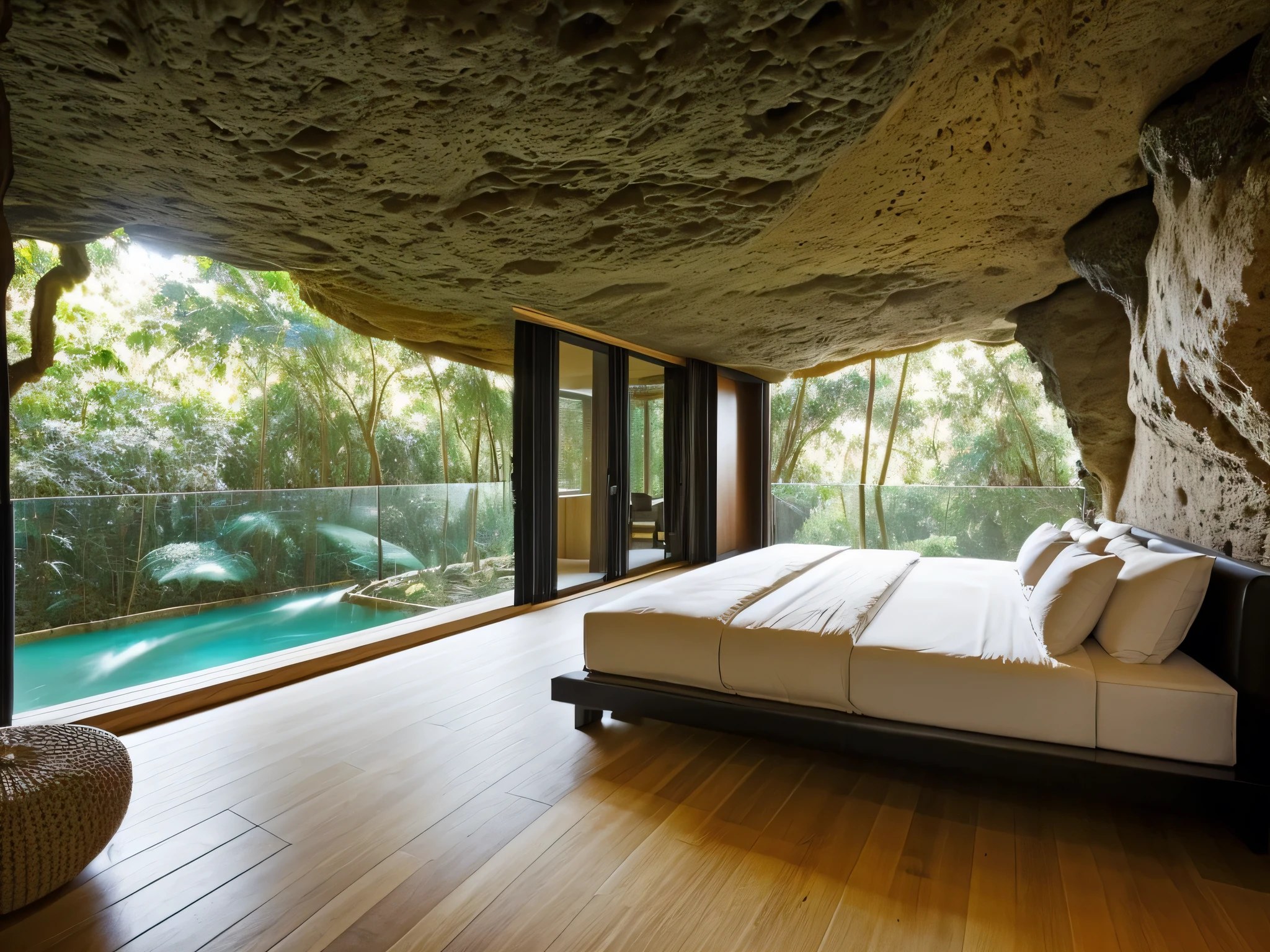 The bedroom is located in a cave overlooking the stream bank,(view from the stream bank into the cave:1.2),climbing plants, surrounding trees, cool weather, modern style bedroom, large glass doors, (tropical landscape),