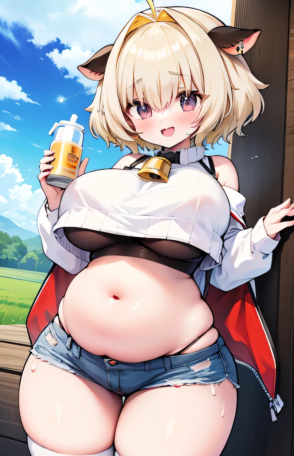 Anime illustration、highest quality、Short high school girl、Cowbell collar、big belly button piercing、Eyes are hidden by bangs、Holstein daughter、Cow print tube top、hot pants、Cow print knee socks、Perfect proportions、vast ranch、Pasture、Cowshed、Clear skies、overwhelmingly big breasts、Beautiful, shining eyes、Cowboy Shot、smile、Excessive sweating、Noise Reduction