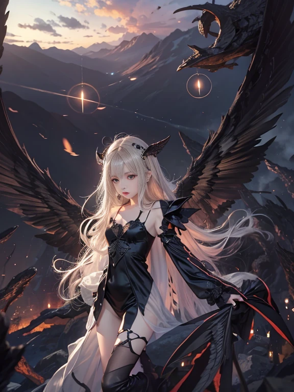 8K, Raw photo, Photorealistic, (Detailed skin, Best Quality:1.2), seductive succubus, (black wings), Teenage Japanese girl with black angel wings flying high in the evening sky, ((black evening dress, black lace dress)), (((flat chest:1.4))), (light blonde hair, long straight hair), (Neat face, pale skin), full body shot, translucent black cloth is wrapped around the body, thighs, sunset sky high, sunset light