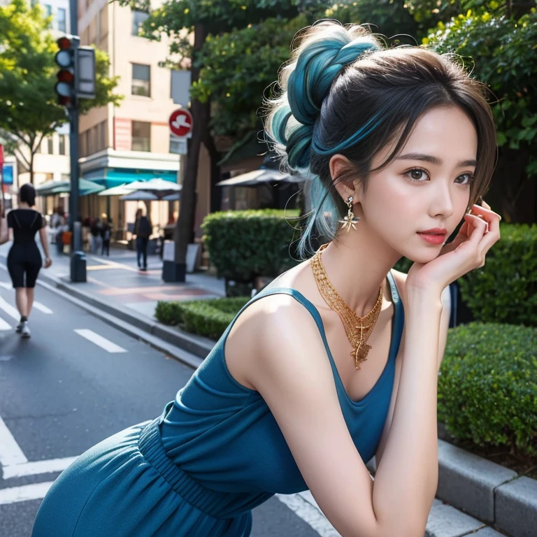 (masterpiece, highest quality, highest quality), (((Perfect body))),Ragged hair,Middle Hair,Chignon Hair,Light blue hair color,Pale black jumpsuit,beautifully,Mysterious:1.2, (One Girl:1.3), Very detailed, Mature Woman,A kind smile,Boston-type glasses, (Mouth closed), (highest qualityのmasterpiece:1.2) Delicate illustrations, Most detailed,Upper body portrait, (Street background:1.3), (Shiny skin), (Many colors:1.4), ,(Earrings),((necklace))), Great trekking shoes:1.3,Walking,