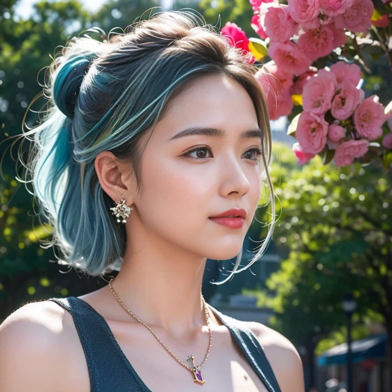 (masterpiece, highest quality, highest quality), (((Perfect body))),Ragged hair,Middle Hair,Chignon Hair,Light blue hair color,Pale black jumpsuit,beautifully,Mysterious:1.2, (One Girl:1.3), Very detailed, Mature Woman,A kind smile,Boston-type glasses, (Mouth closed), (highest qualityのmasterpiece:1.2) Delicate illustrations, Most detailed,Upper body portrait, (Street background:1.3), (Shiny skin), (Many colors:1.4), ,(Earrings),((necklace))), Great trekking shoes:1.3,Walking,