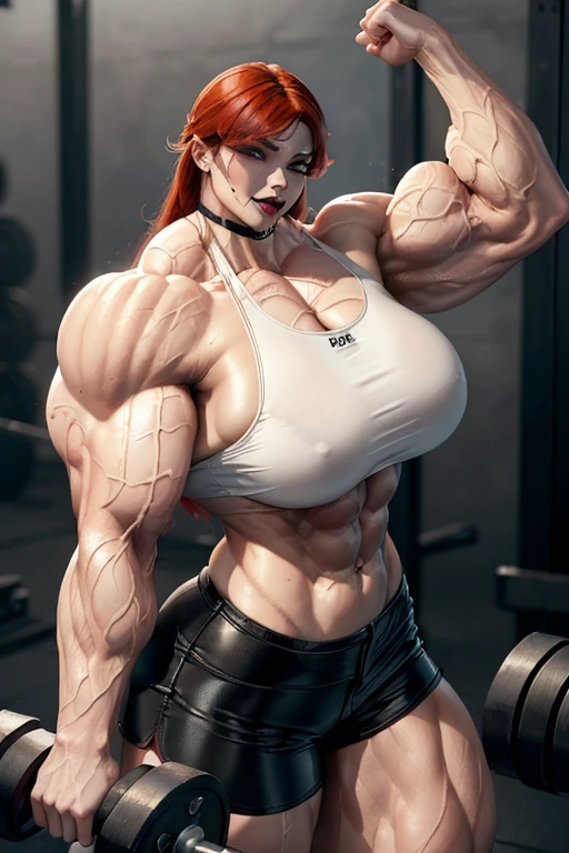 (((((Massive, tall, beautiful, sweating, buff, pale white skinned, muscular asian woman with red hair, black lipstick, ginormous bulky muscles, double bicep flexing and wearing a black leather sports bra and black dolphin shorts))))), (upper body view), (massive muscles), massive biceps, hyper muscle shoulders, vascular shoulders, hyper muscle triceps, (long hair), yellow eyes, choker, (in a weight room), confident smirk, morning, hyper vascular arm, hyper muscles arms, hyper muscle legs, massive arms.