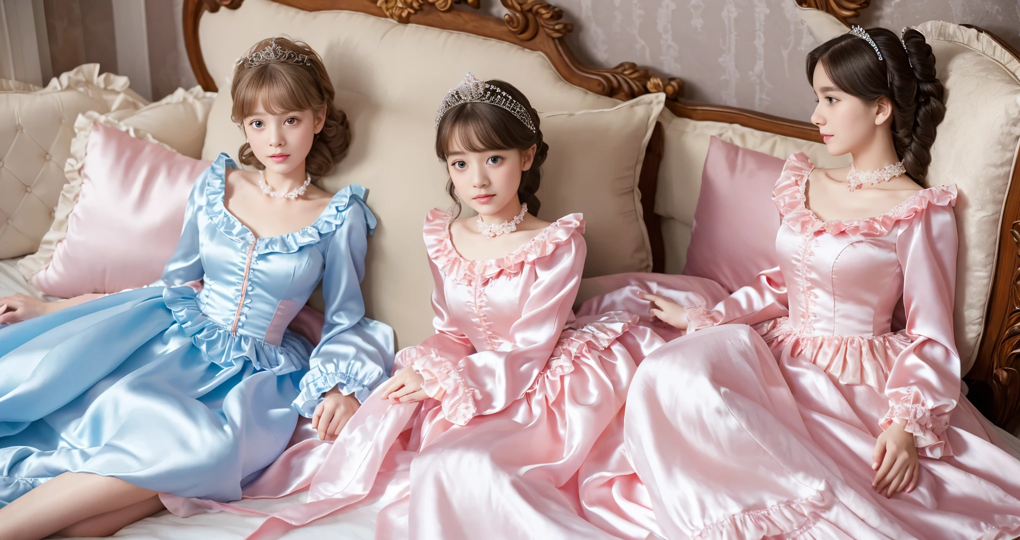 ,highest quality, masterpiece, Highest Resolution, artwork, super それにGet used to it, many Get used to it, Get used to it, それにGet used to it, 3K realistic photos,,(()),Super detailed baby face,Trls are princesses,Full-length ball gown dress with hoop skirt,Frilled yoke collar,Puff sleeves,Long sleeve,((Lolita style hot pink detailed princess satin dress、Lots of frills and ribbons。)),colorful rococo fashion,shiny satin dress,Soft and smooth fabric,luxury,Long blonde hair,blue eyes,white skin european,pajamas,((Inside the palace)),,,(( 10 year old)),Super by face,Full-length ball gownth hoop skirt,Long skirt,Frilled yoke collar,Puff sleeves,腰まで伸びるLong blonde hair,blue eyes,white skin european,pajamas,((Inside the palace bedroom)),シルクサテンのluxuryなCanopy bedの上,Canopy bed,Gorgeous curtains on either side of the bed,There were a lot of frilly pillows on the bed.,Highly detailed background,Detailed bed,Romantic atmosphere,Two little princesses on the bed,((((Her leghidden inside the dress)))),The dress is spread out on the bed,Soft silk satin comforter in pastel colors,Pastel colored silk satin bed sheets,Soft silk satin ruffle pillow in pastel colors,Beautiful girl illustration,Beautiful detailed face Detailed hair,Detailed human eye ,Mouth details, Arm details,Beautiful Hands,Detailed pillow,