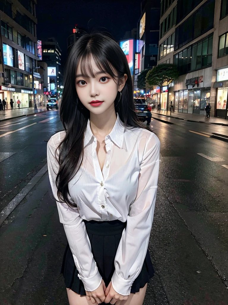cyber punk, highest quality, masterpiece, shape, Realistic, photo-Realistic, wonderful, finely, Very detailed, High resolution, Very detailed, unity 8k wallpaper, Full body shot of a beautiful young woman with Korean-style features resembling a popular actress, Button-up shirt, mini Pleated Skirt ニーハイソックス, (Very small breasts), thin, She has pink and bluish eyeshadow, bangs, Black Hair, Long Hair, head, look up, night, On the streets of Shibuya, Squat down and look here, Narrow eyes, 細長い目のshape, Three white eyes, Wicked Smile, Very slender and beautiful legs, Beautiful and thin thighs, Earrings, Estrus