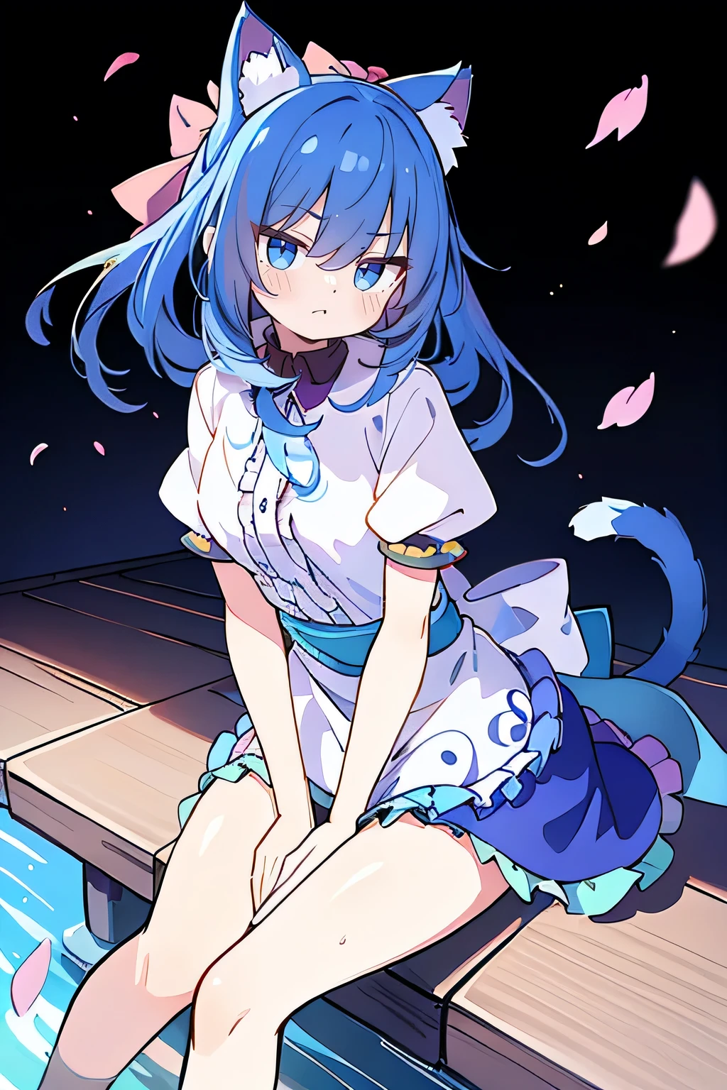 (masterpiece:1.2),ultra-detailed,realistic,expressive eyes,fair-skinned,perfectly shaped face,1girl,
Japanese cartoons,Gorgeous blue hair, flowing blue hair,floating clothes,cat ears,petals falling,beautiful Lola,Hina Angel,
hands on waist,gracefully sitting on the ground,legs crossed,gentle and serene background,cool and comfortable pavilion,smile.