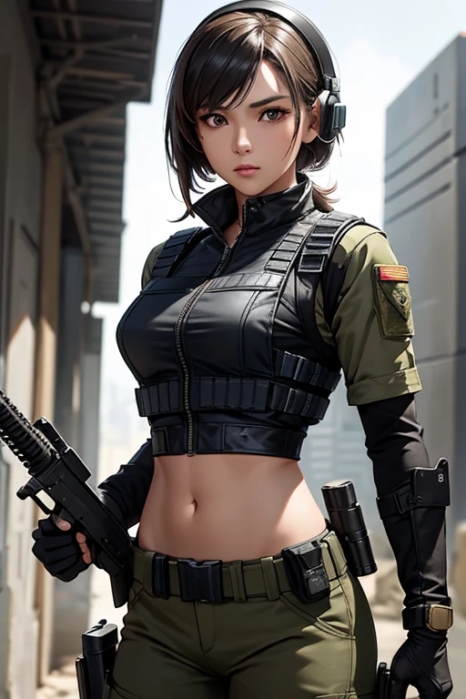 a woman in a black outfit holding a rifle and wearing headphones, 24-year-old woman, Filipino woman, tan bronze skin, soldier girl, mechanized soldier girl, military girl, beautiful female soldier, female lead character, infantry girl, of a sniper girl in war, solo female character, future combat gear, close up half body shot, Women in crop top military bulletproof vest, showing navel, quiet from metal gear solid v, wearing tactical gear, dressed in tactical armor