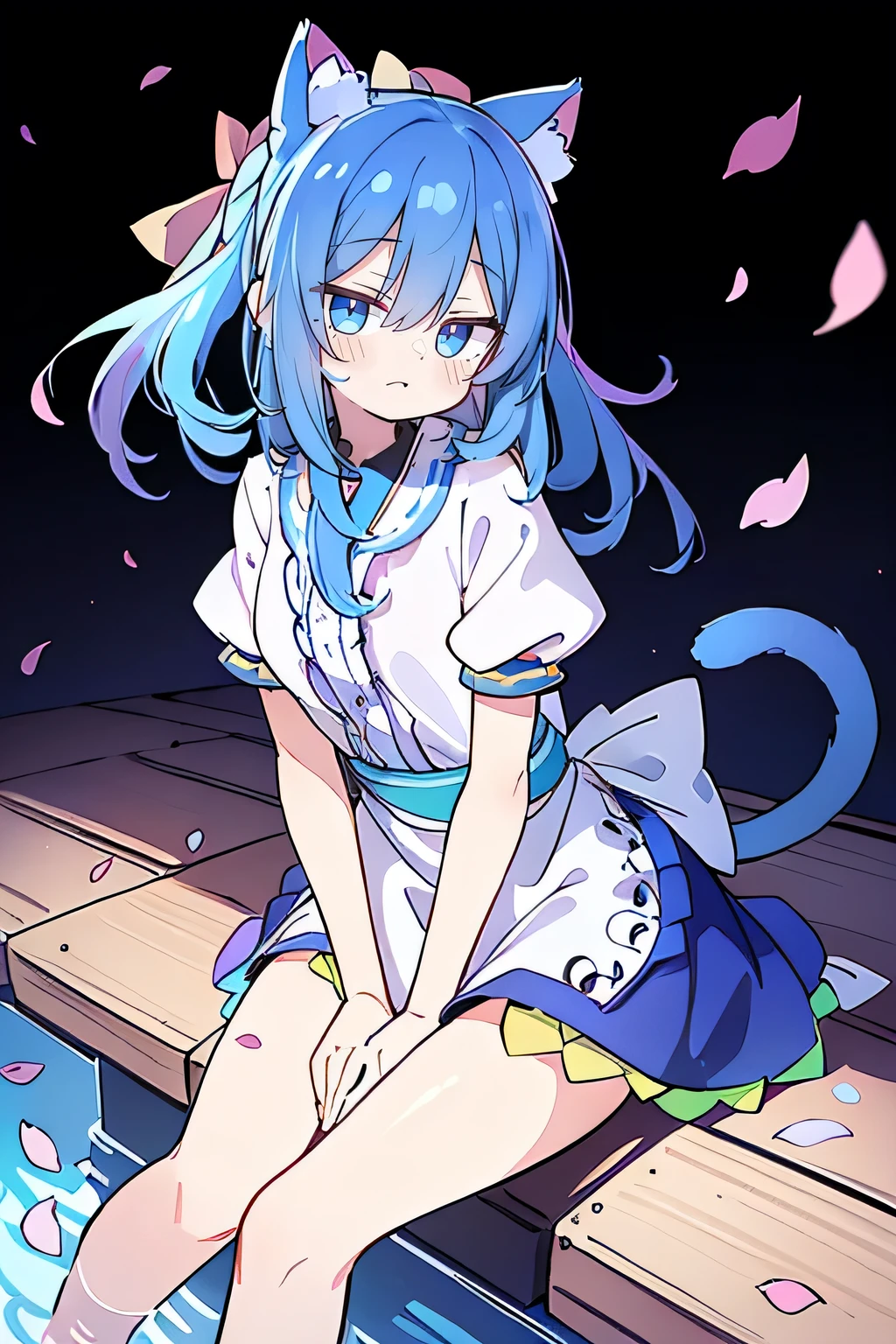 (masterpiece:1.2),ultra-detailed,realistic,expressive eyes,fair-skinned,perfectly shaped face,1girl,
Japanese cartoons,Gorgeous blue hair, flowing blue hair,floating clothes,cat ears,petals falling,beautiful Lola,Hina Angel,
hands on waist,gracefully sitting on the ground,legs crossed,gentle and serene background,cool and comfortable pavilion,smile.