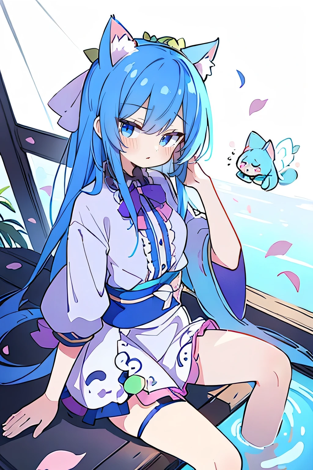 (masterpiece:1.2),ultra-detailed,realistic,expressive eyes,fair-skinned,perfectly shaped face,1girl,
Japanese cartoons,Gorgeous blue hair, flowing blue hair,floating clothes,cat ears,petals falling,beautiful Lola,Hina Angel,
hands on waist,gracefully sitting on the ground,legs crossed,gentle and serene background,cool and comfortable pavilion,smile.