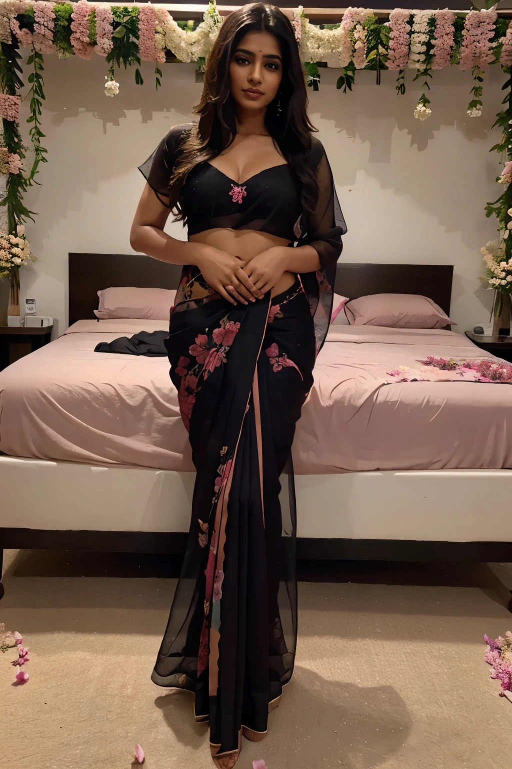 realistic full body beautiful indian woman in a bed of flowers in saree, black pink saree, feel romantic, exposed body