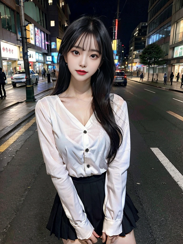 cyber punk, highest quality, masterpiece, shape, Realistic, photo-Realistic, wonderful, finely, Very detailed, High resolution, Very detailed, unity 8k wallpaper, Full body shot of a beautiful young woman with Korean-style features resembling a popular actress, Button-up shirt, mini Pleated Skirt ニーハイソックス, (Very small breasts), thin, She has pink and bluish eyeshadow, bangs, Black Hair, Long Hair, head, look up, night, On the streets of Shibuya, Stand up and look here, Narrow eyes, 細長い目のshape, Three white eyes, Wicked Smile, Very slender and beautiful legs, Beautiful and thin thighs, Earrings, Estrus