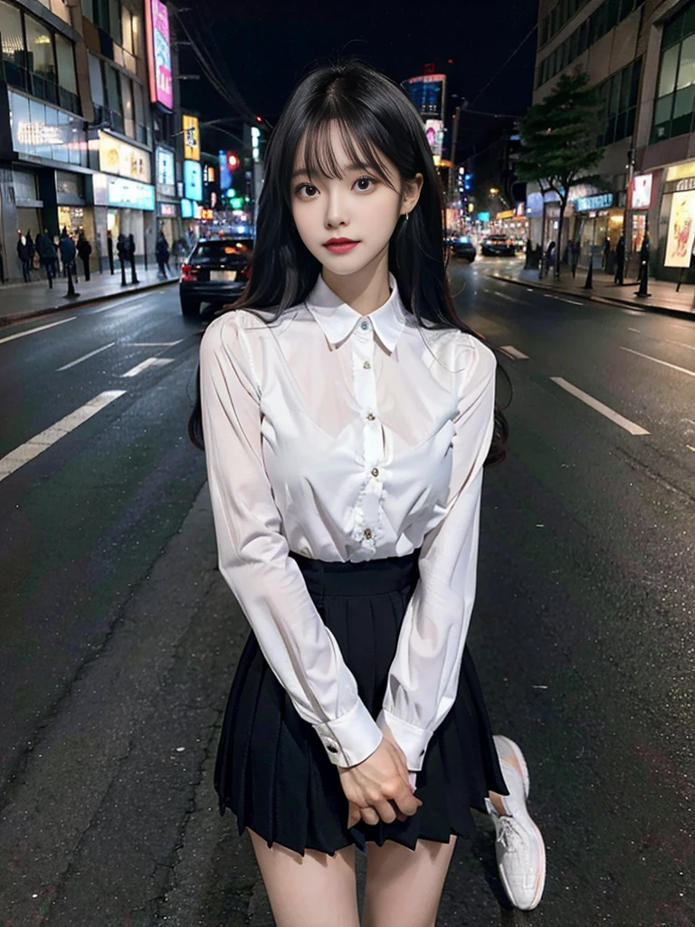 cyber punk, highest quality, masterpiece, shape, Realistic, photo-Realistic, wonderful, finely, Very detailed, High resolution, Very detailed, unity 8k wallpaper, Full body shot of a beautiful young woman with Korean-style features resembling a popular actress, Button-up shirt, mini Pleated Skirt ニーハイソックス, (Very small breasts), thin, She has pink and bluish eyeshadow, bangs, Black Hair, Long Hair, head, look up, night, On the streets of Shibuya, Stand up and look here, Narrow eyes, 細長い目のshape, Three white eyes, Wicked Smile, Very slender and beautiful legs, Beautiful and thin thighs, Earrings, Estrus