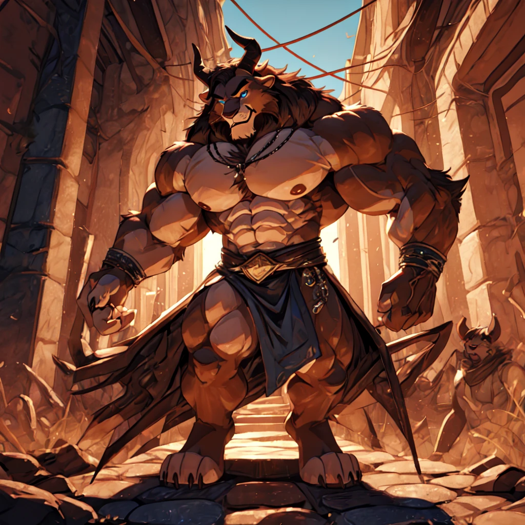 A photorealistic image of the Beast from the movie Beauty and the Beast, super muscular giant, with muscular arms, broad shoulders, giant and toned physique, bursting muscular veins, blue eyes, tail, super furry brown fur, backward facing horns, with veins jumping, barefoot, super giant in the center of a city