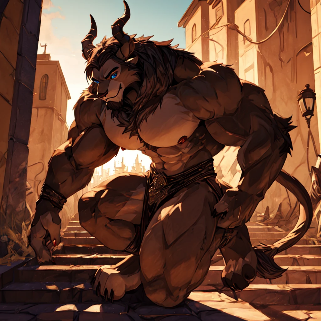 A photorealistic image of the Beast from the movie Beauty and the Beast, super muscular giant, with muscular arms, broad shoulders, giant and toned physique, bursting muscular veins, blue eyes, tail, super furry brown fur, backward facing horns, with veins jumping, barefoot, super giant in the center of a city